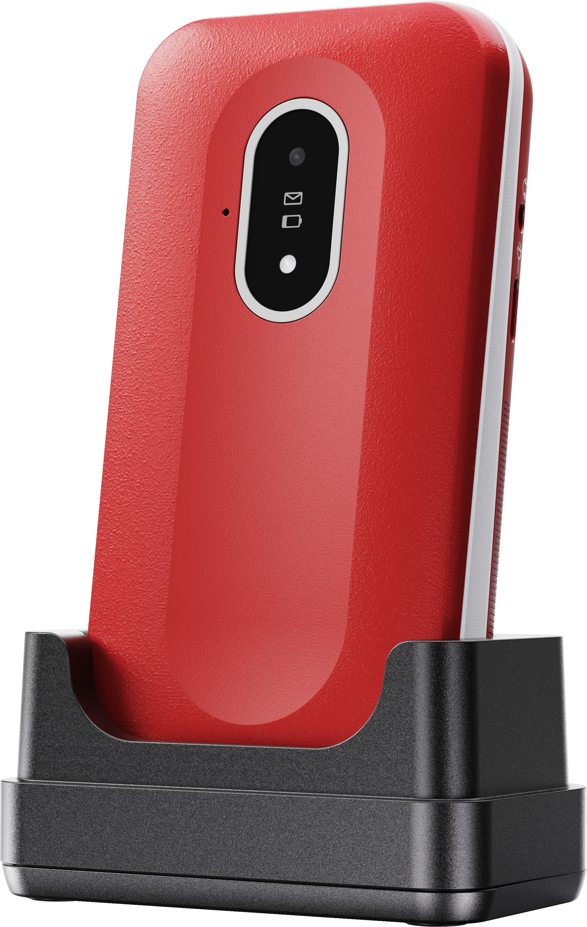 Rotes Klapphandy in einer schwarzen Ladestation. Das Telefon zeigt einen Bildschirm.