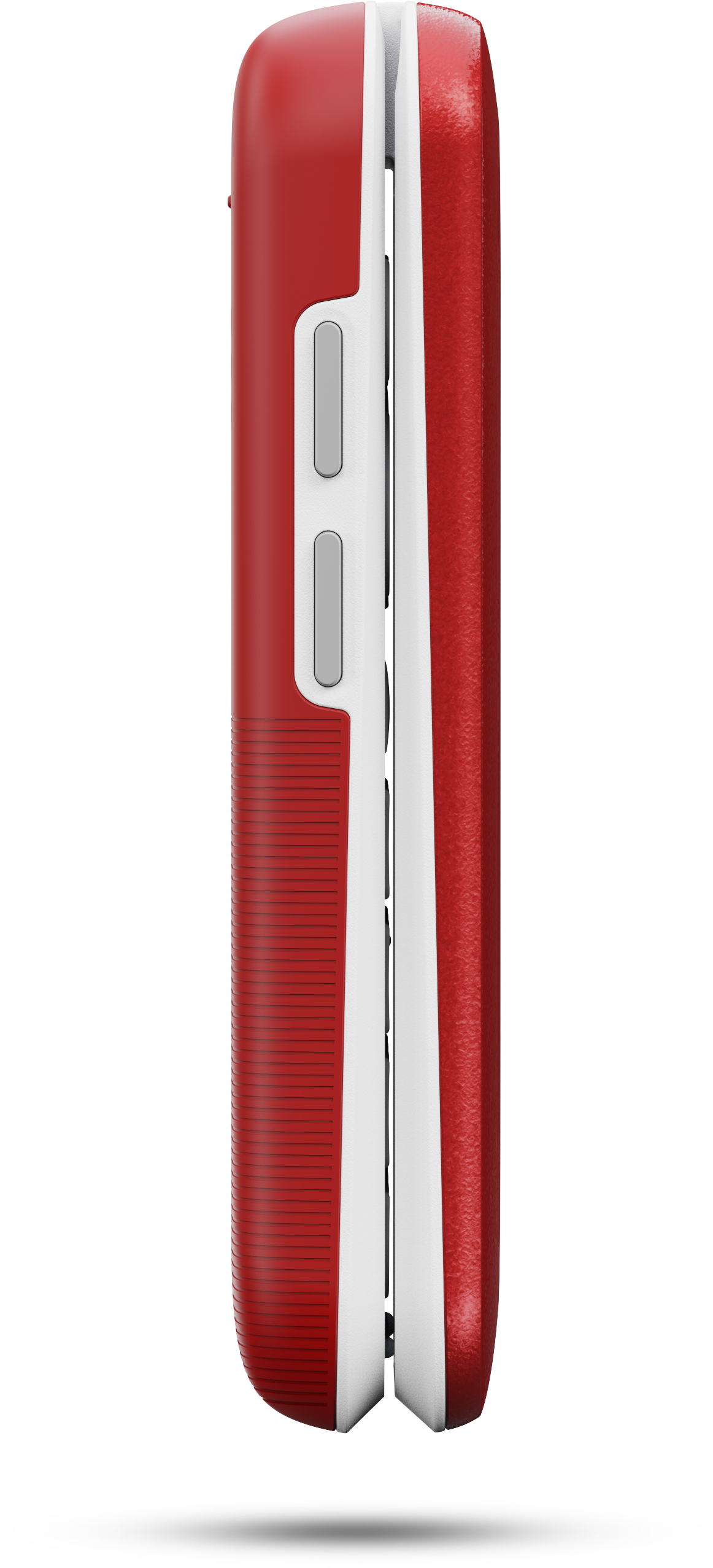 Ein rot-weißes Klapphandy, von der Seite betrachtet. Es ist eine Seitenansicht.