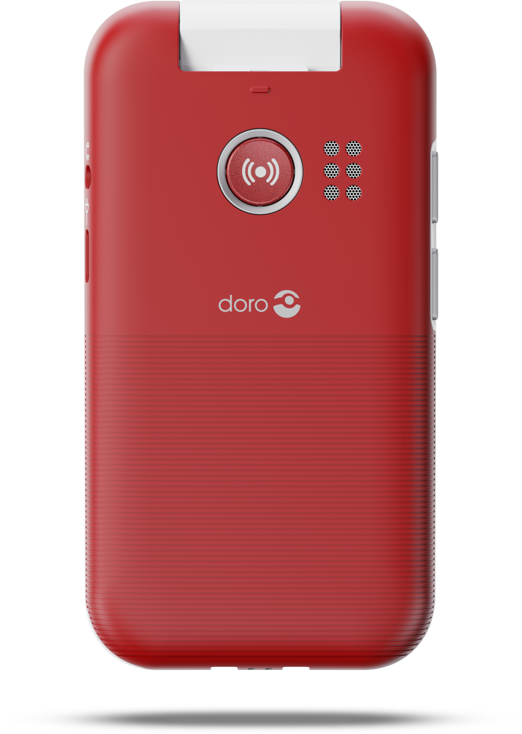 Rotes Doro-Telefon mit weißem Streifen oben. Hat einen Knopf und Lautsprecherlöcher.