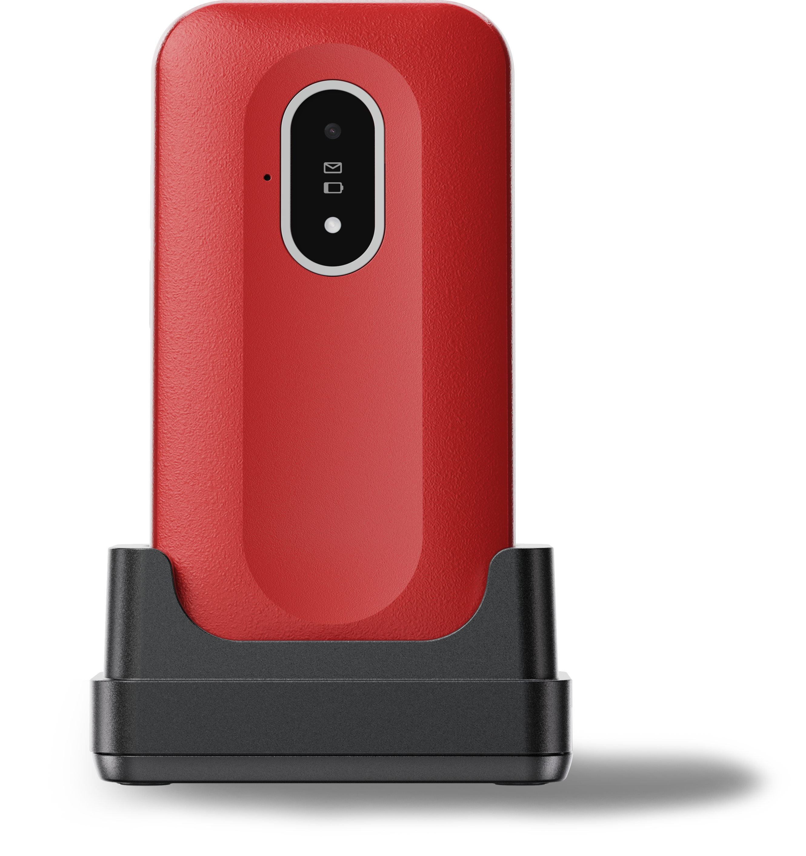 Ein rotes Doro Klapphandy in einer schwarzen Ladestation. Das Telefon ist geschlossen.