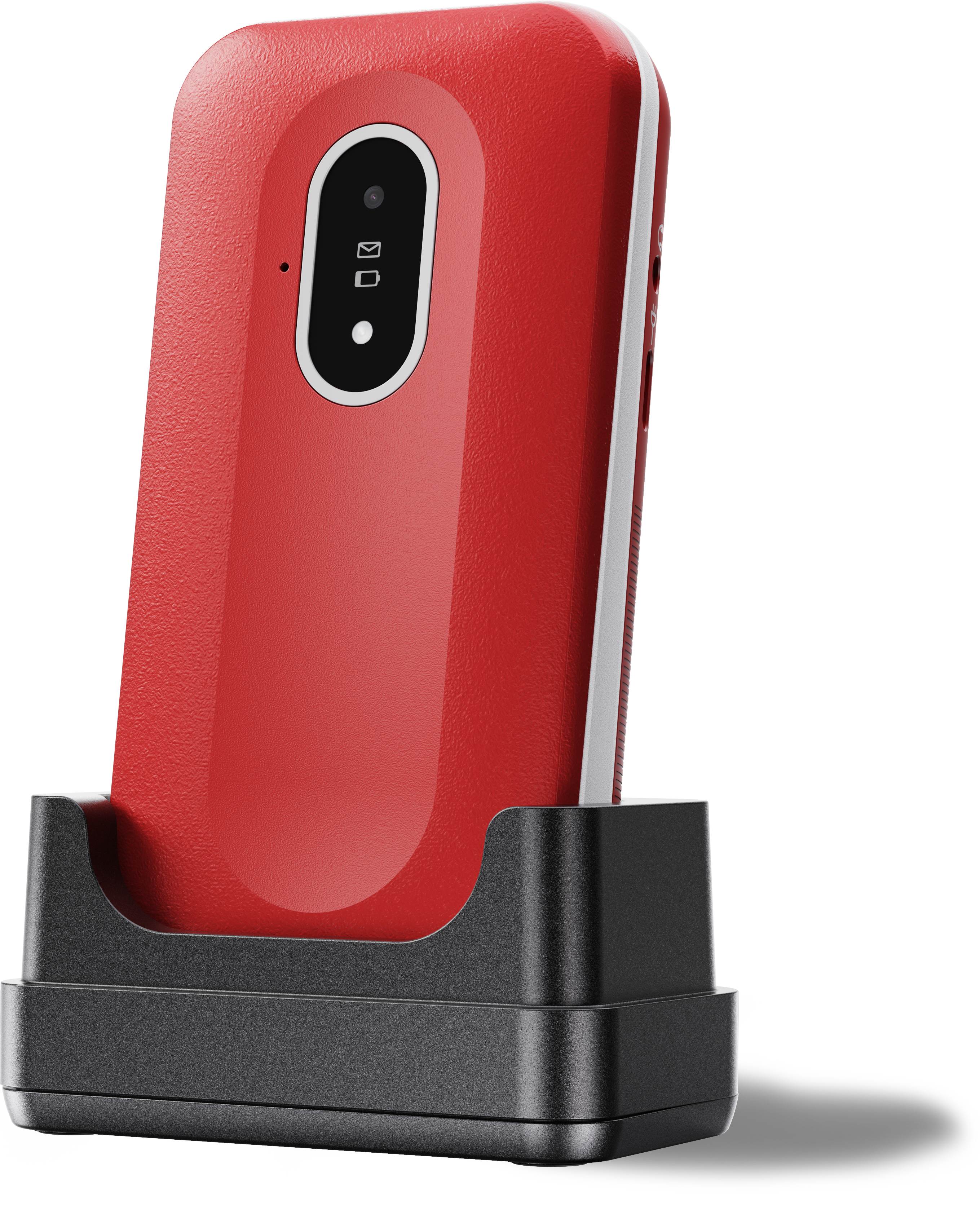 Rotes Telefon in einer schwarzen Ladestation. Telefon hat eine Kamera und zwei Symbole auf der Rückseite.