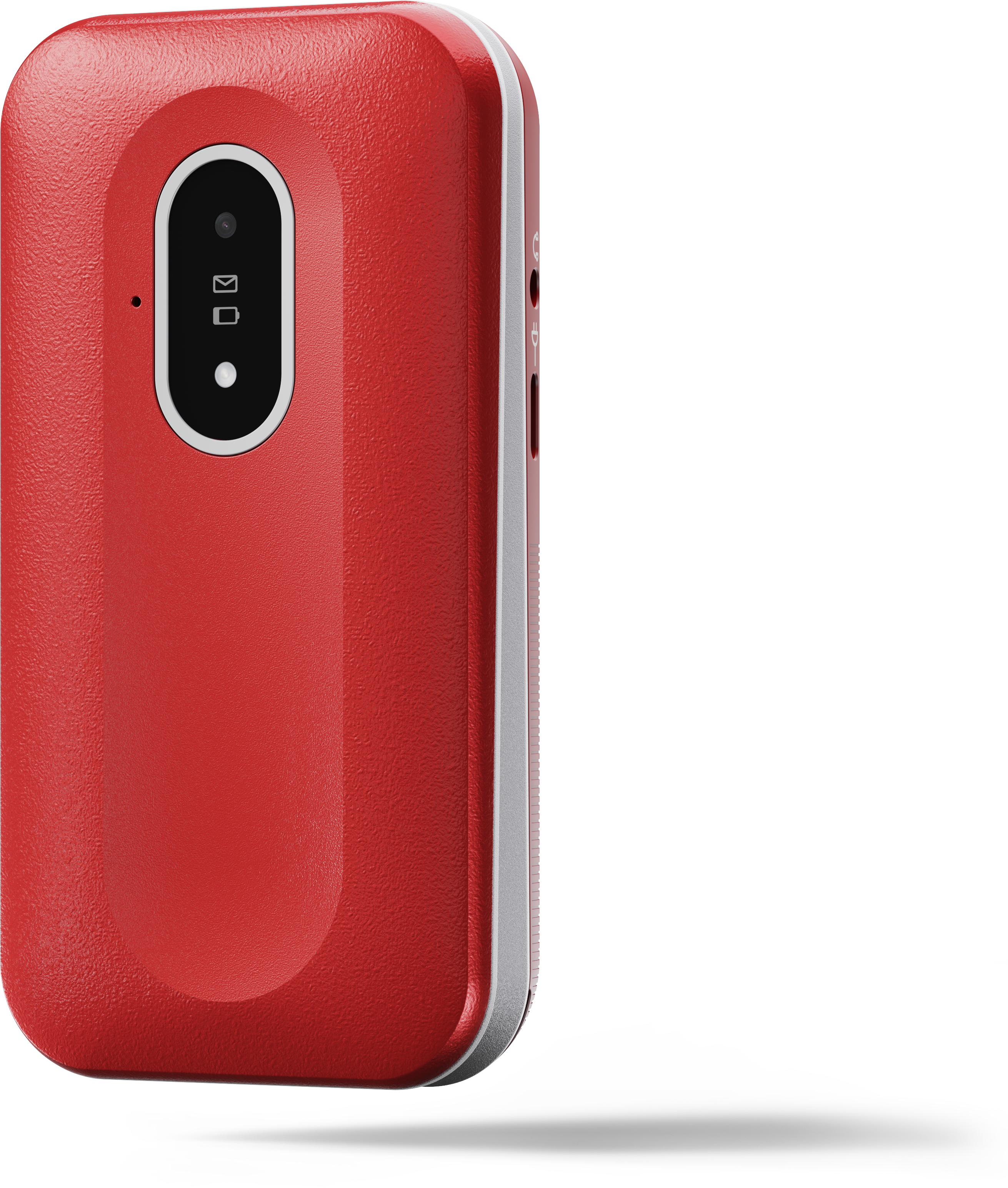 Rotes Handy mit Kamera und Bildschirm. Weißer Hintergrund mit Schatten.