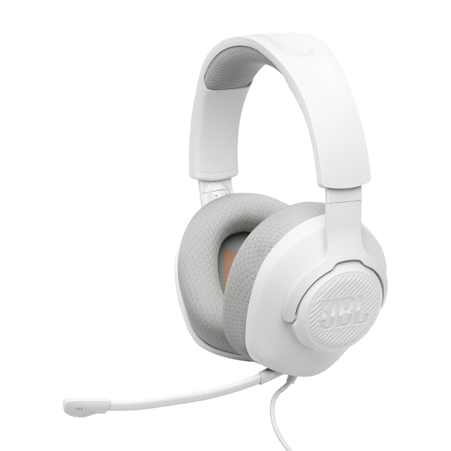 White JBL gaming headset with a microphone, with gray ear cushions and headband.