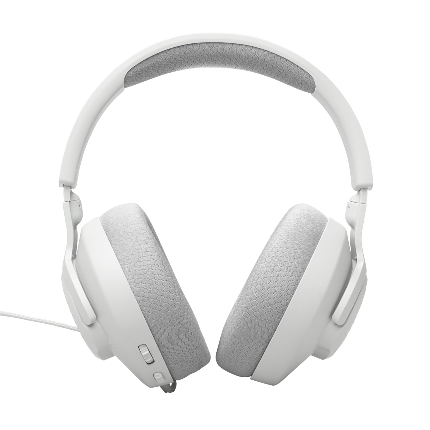 White headphones with gray earcups and a padded headband, on a white background.