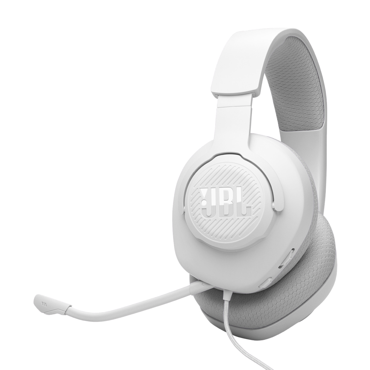 White JBL headphones with a microphone. The JBL logo is visible on the ear cup.