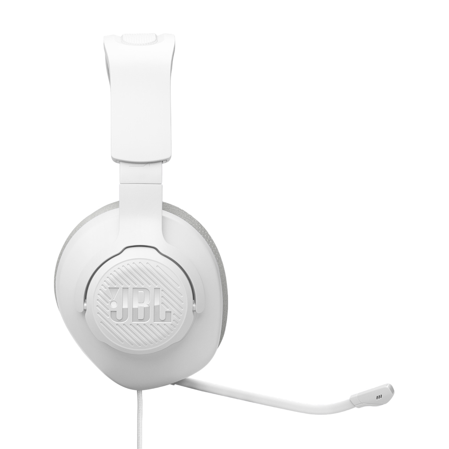 White JBL gaming headset with a microphone, isolated on white.