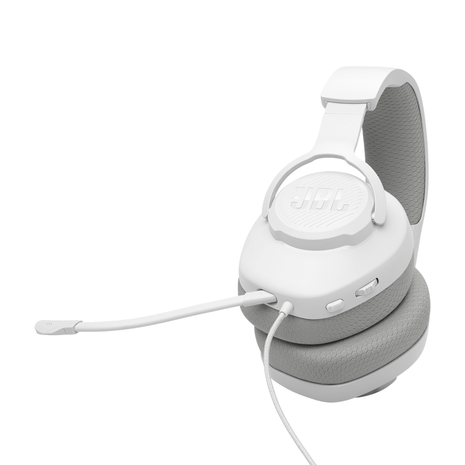 White JBL headset with a microphone, on a white background.