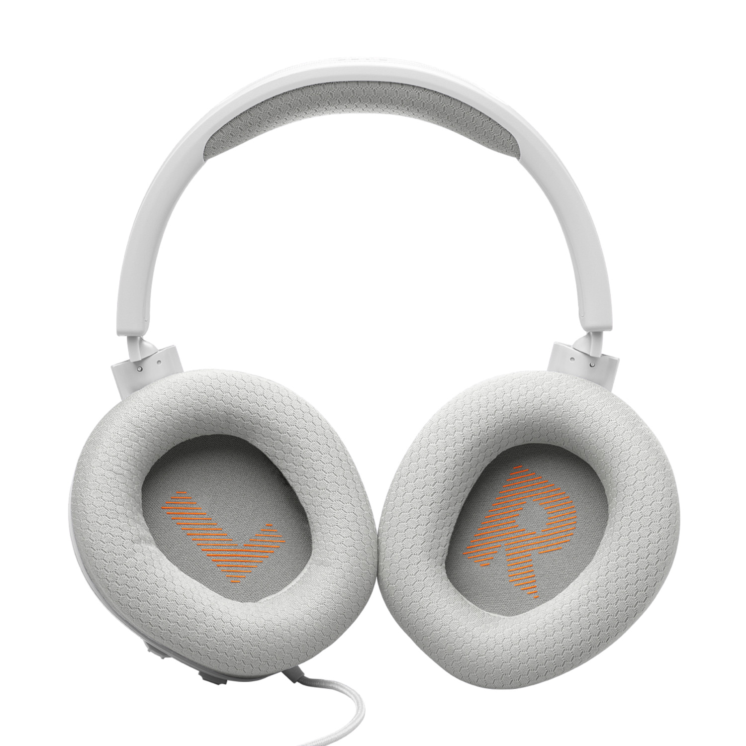 White and grey headphones with orange accents, cable visible.
