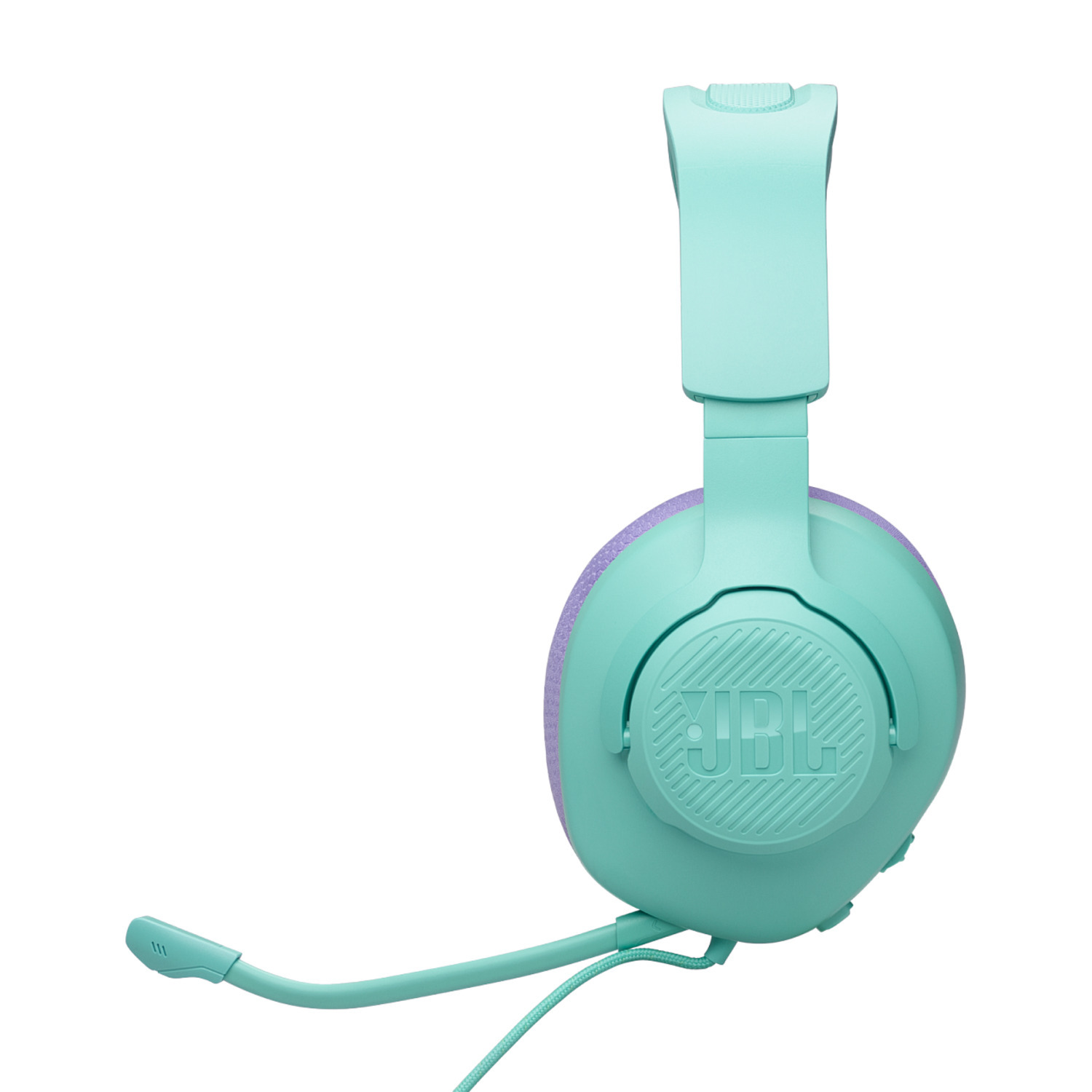 Lichtblauwe koptelefoon met microfoon, met een levendige kleur en design.