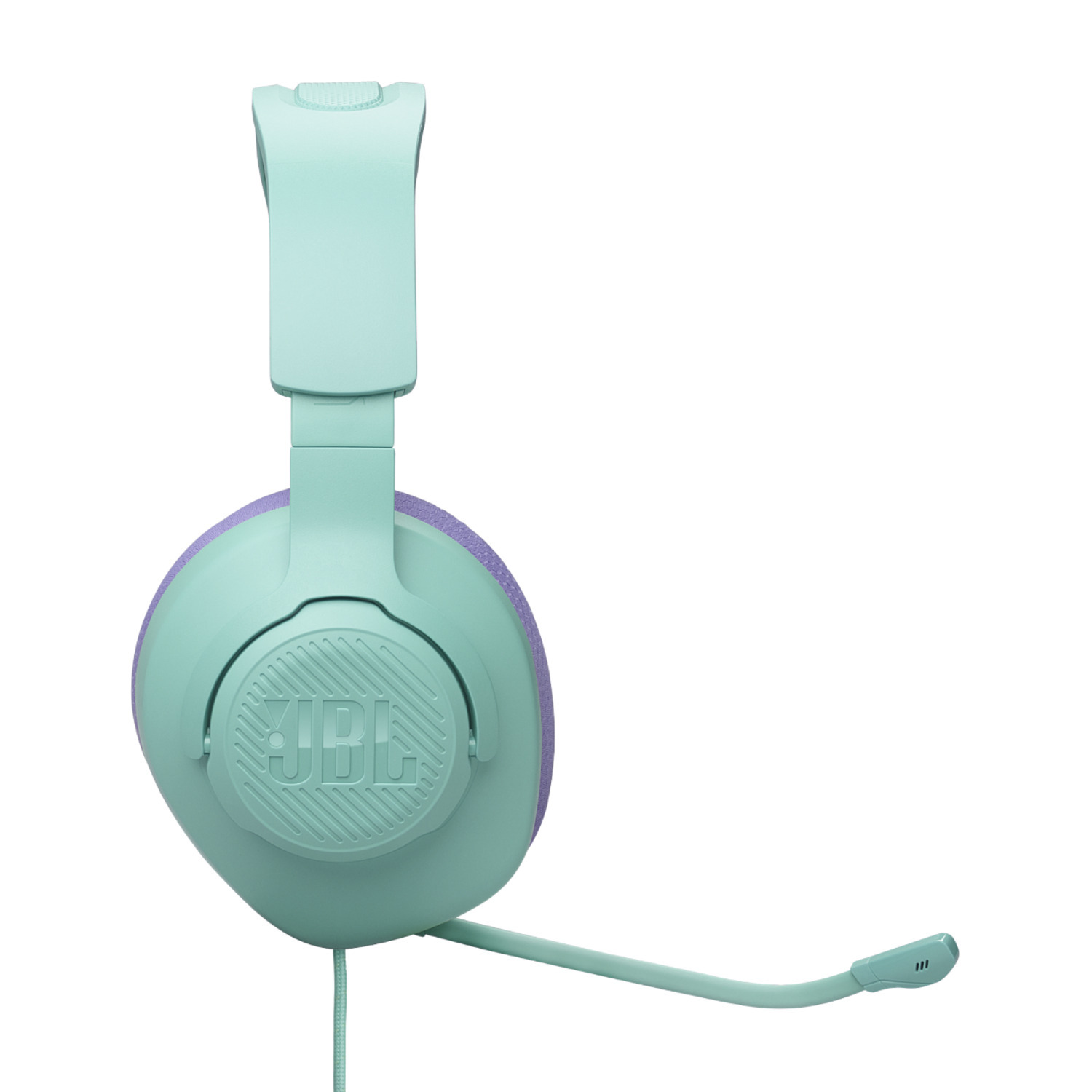 Mintgroene JBL-gamingheadset met paarse oorkussens en een microfoon op een witte achtergrond.