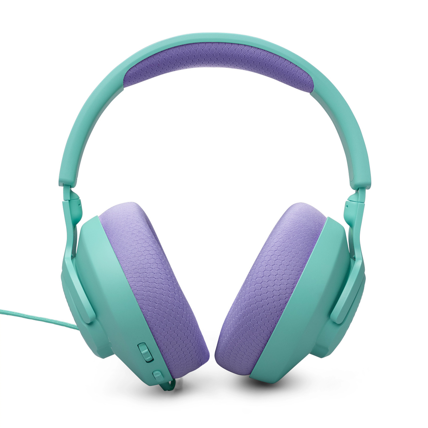 Mintgroene hoofdtelefoon met paars mesh op de oorschelpen en hoofdband.