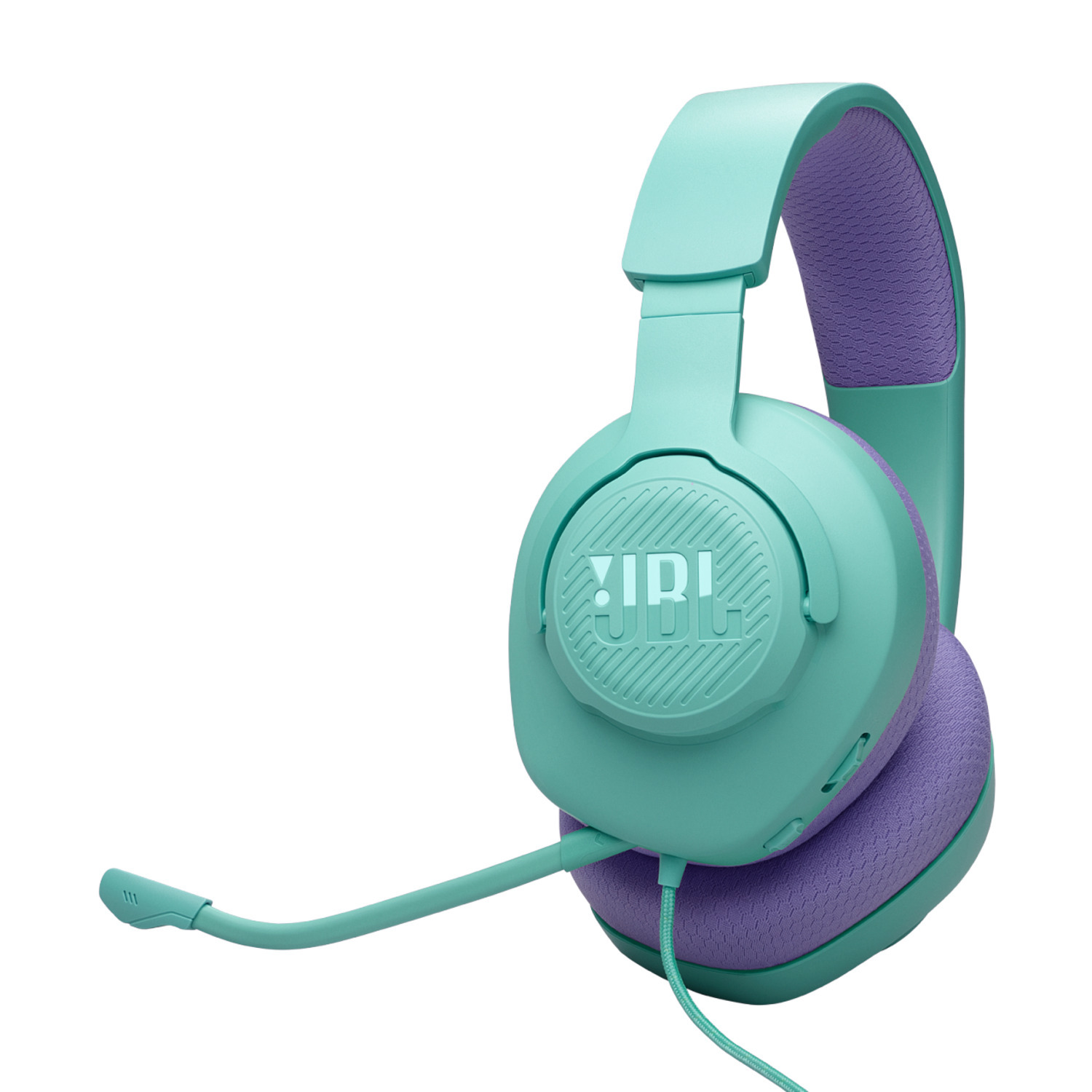Turquoise en paarse JBL-koptelefoon met een microfoon, op een witte achtergrond.