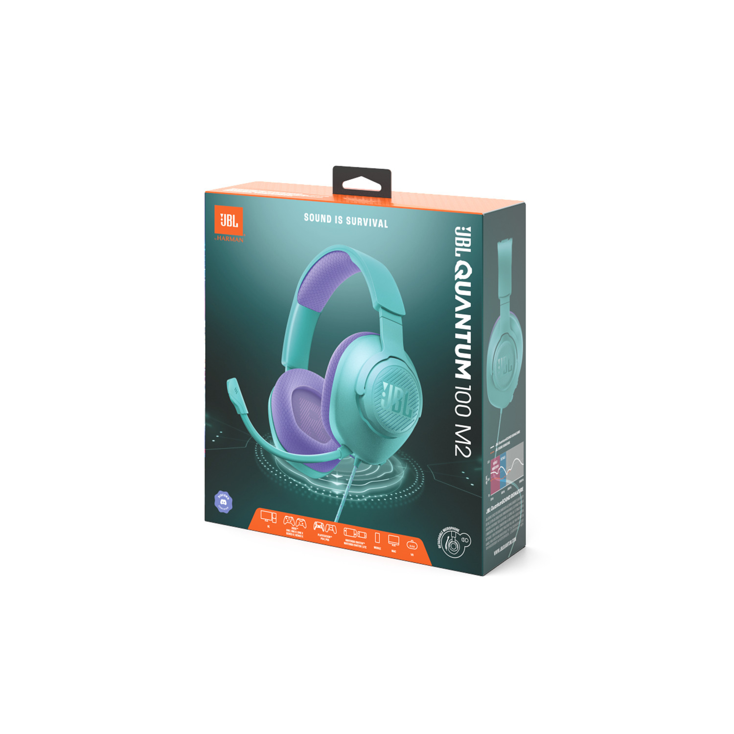 Cyaan en paarse JBL Quantum 100 M2 gaming-headset in de verpakking.