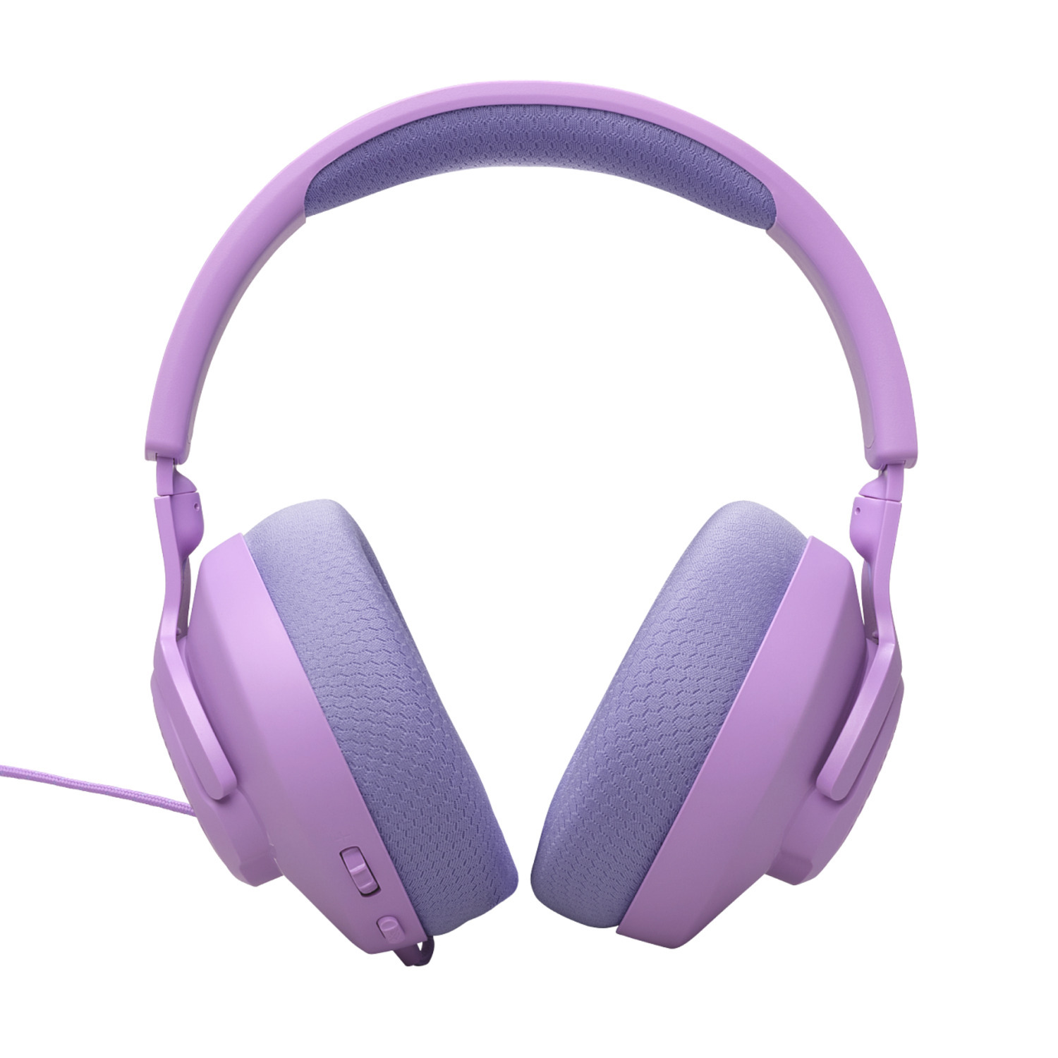 Purple headphones with purple ear cups and a headband, on a white background.