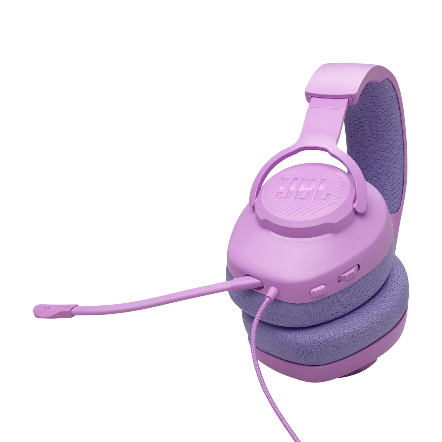 Purple JBL headset with a microphone, seen on a white background.