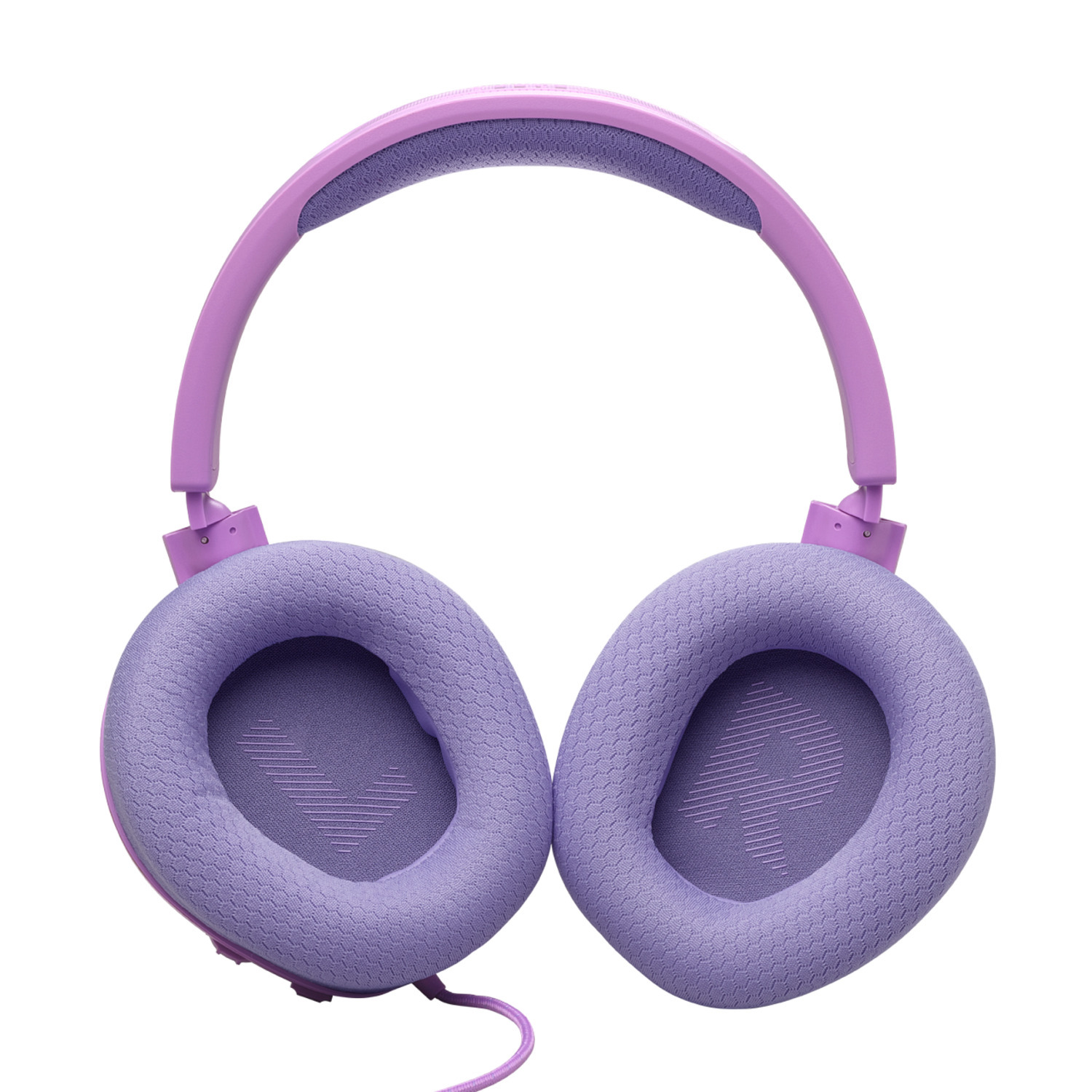Purple headphones with purple earcups. The headphones have a headband that connects the earcups.