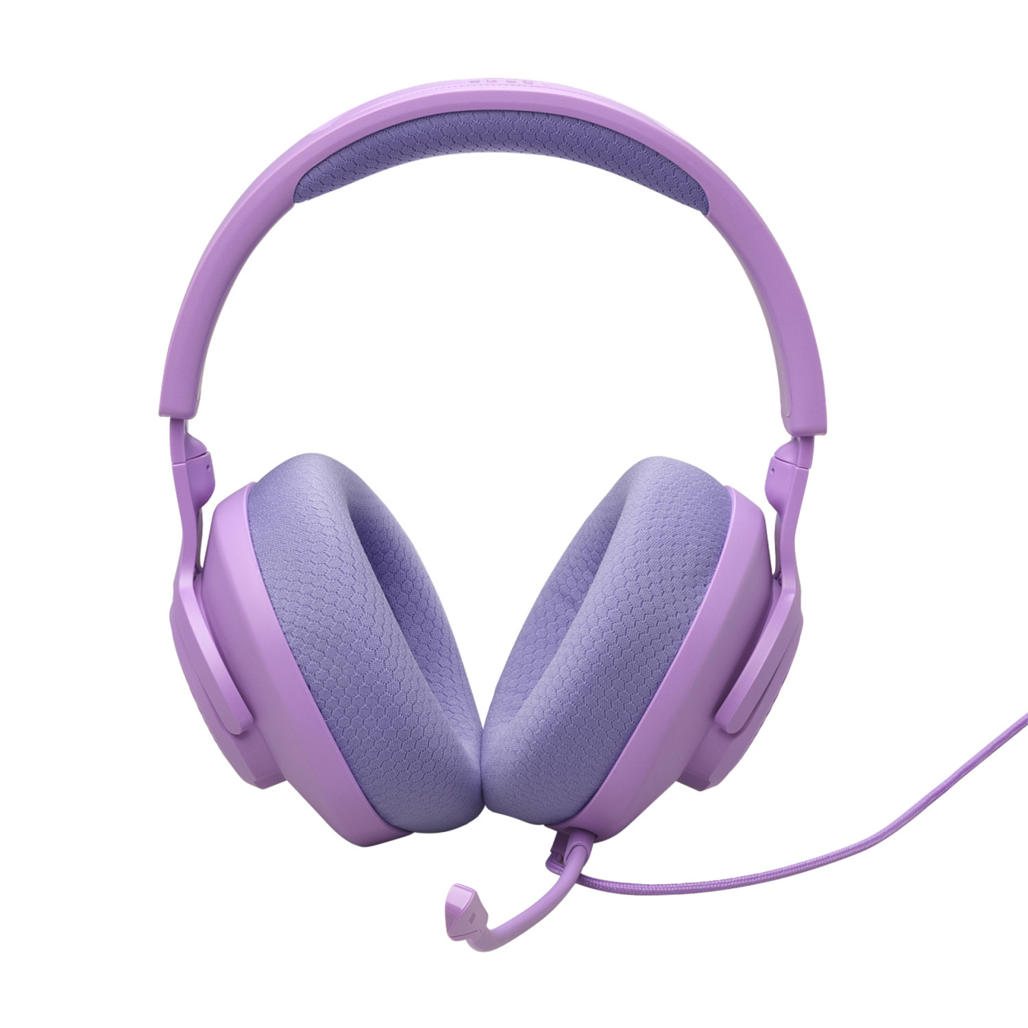 Purple JBL headset with a microphone, seen from the front on a white surface.
