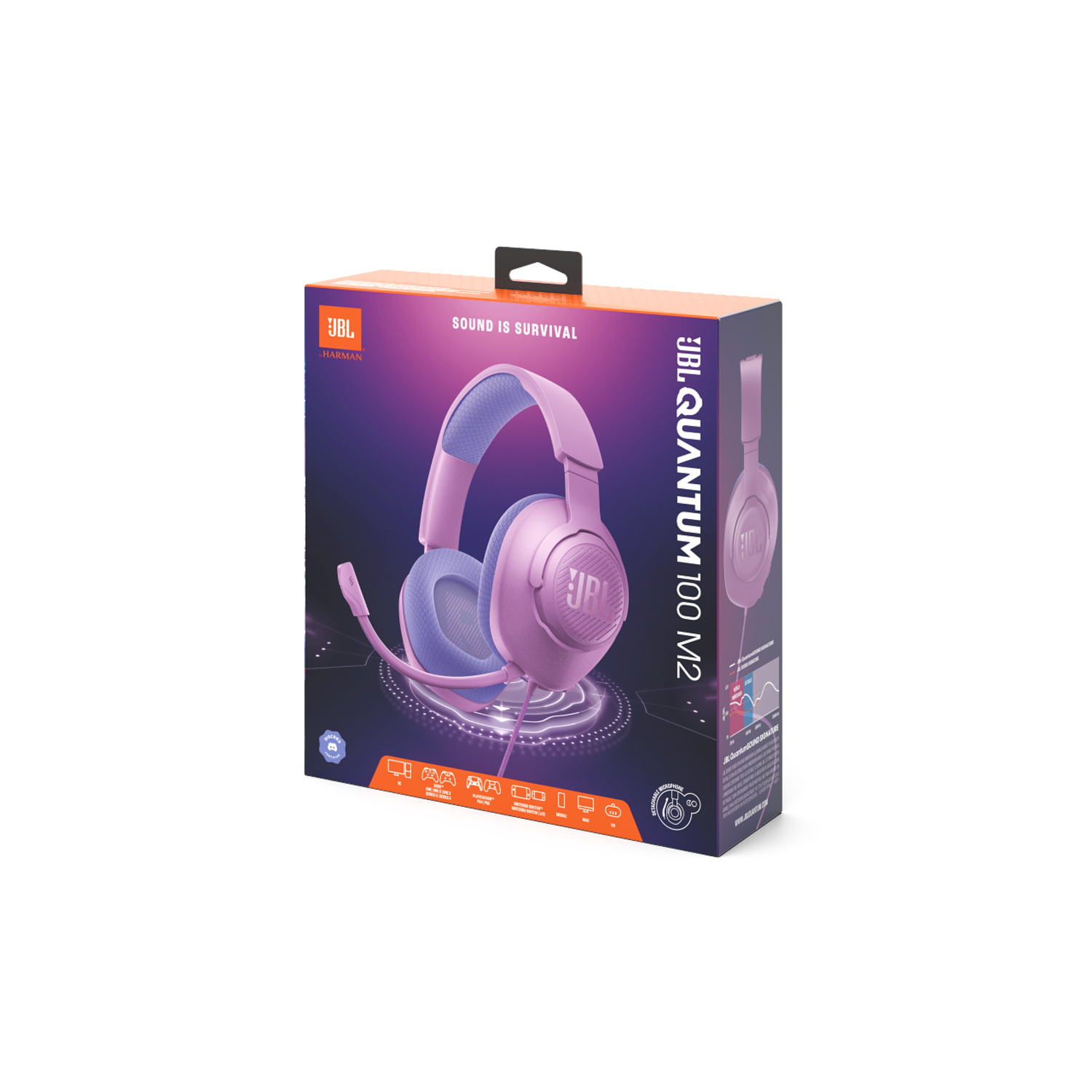 Pink JBL headphones in a box, with a microphone.