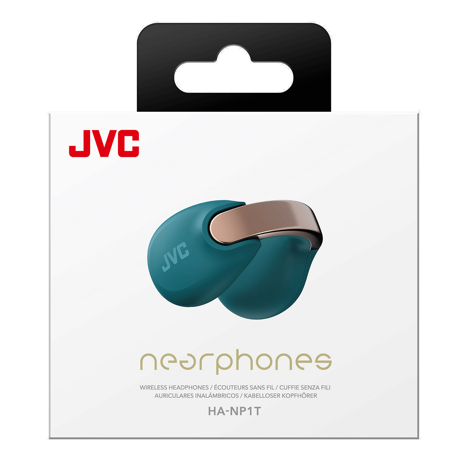 Una caja de JVC Nearphones con auriculares verde azulado en su interior, contra un fondo negro.