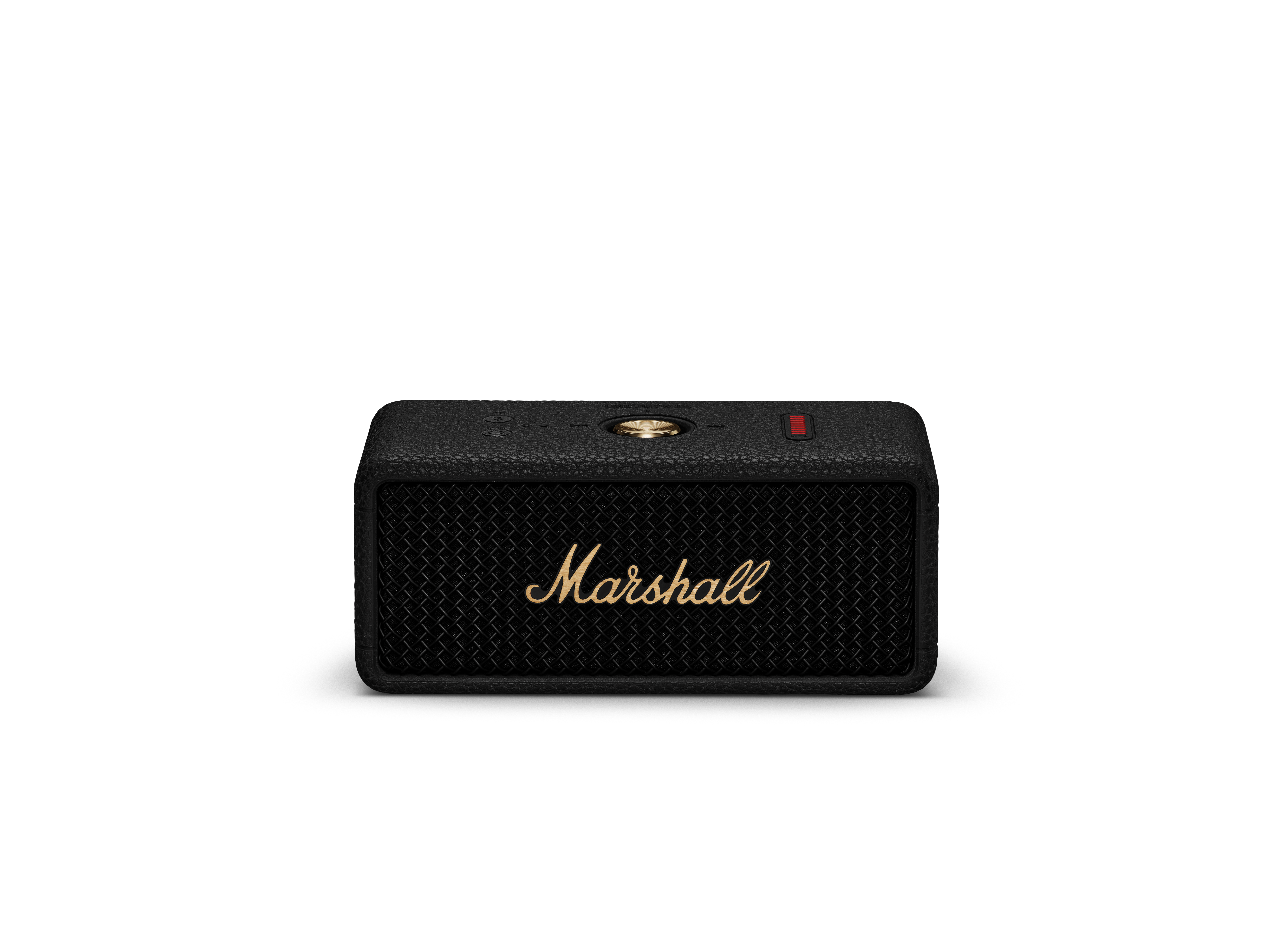 Siyah arka plan üzerinde siyah Marshall hoparlör. Altın Marshall logosu.