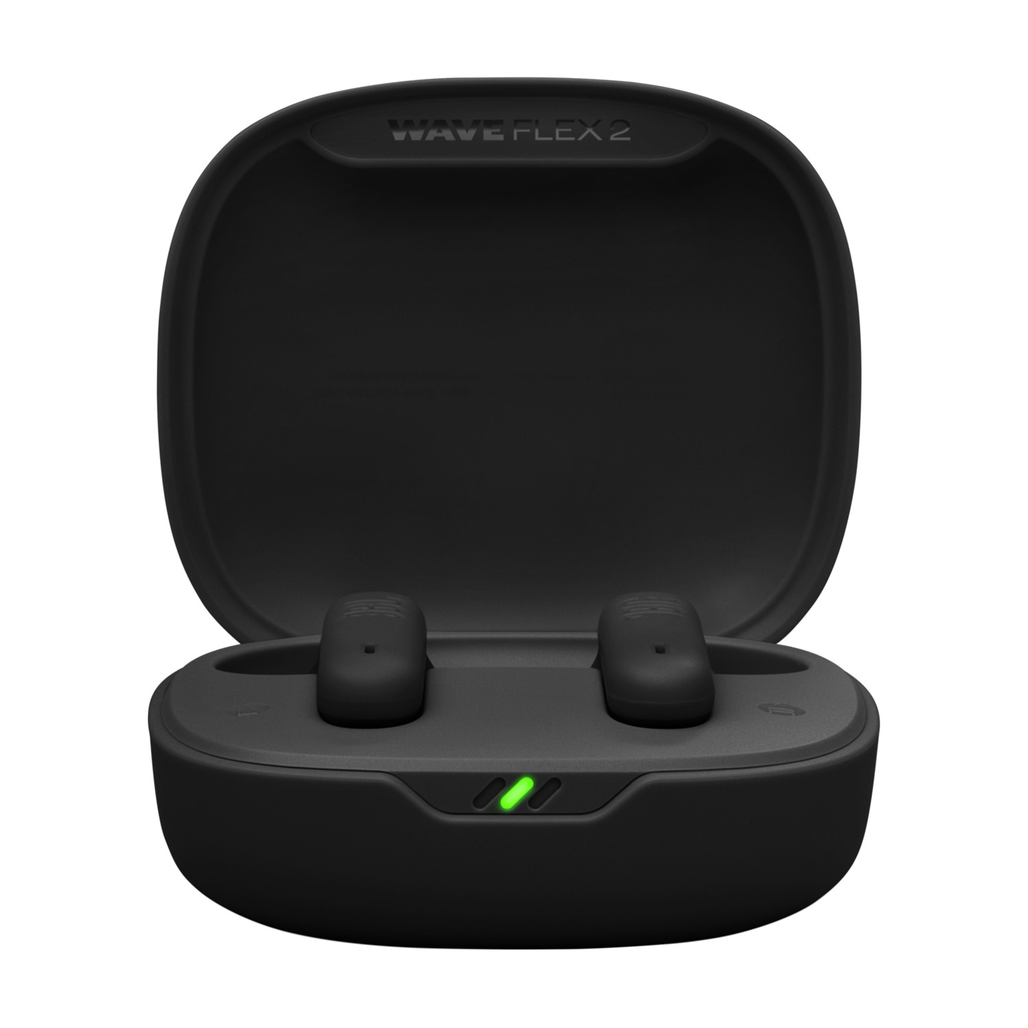 Black charging case with earbuds inside and a green light.