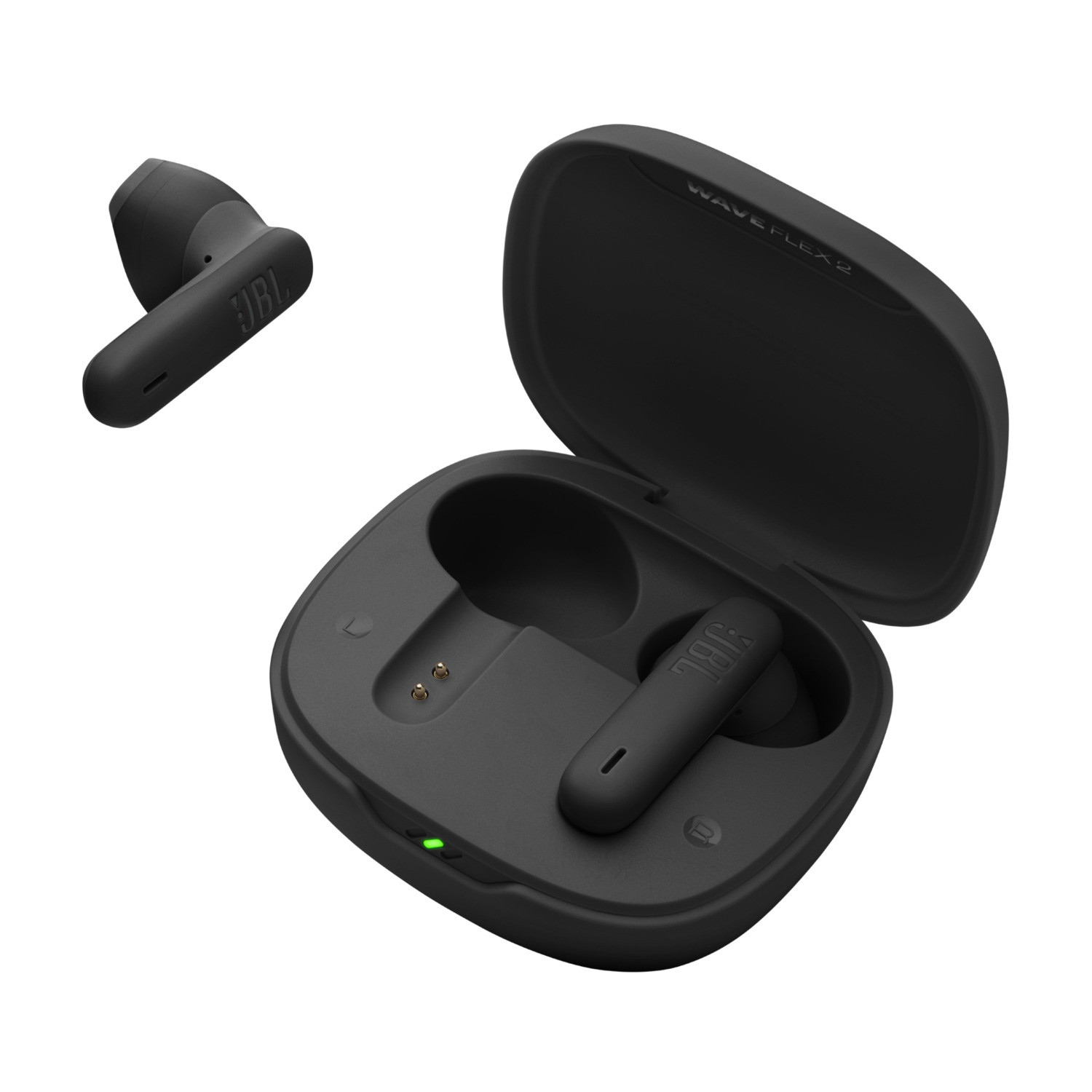Black JBL Wave Flex 2 earbuds and charging case on white background. One earbud shown separately.