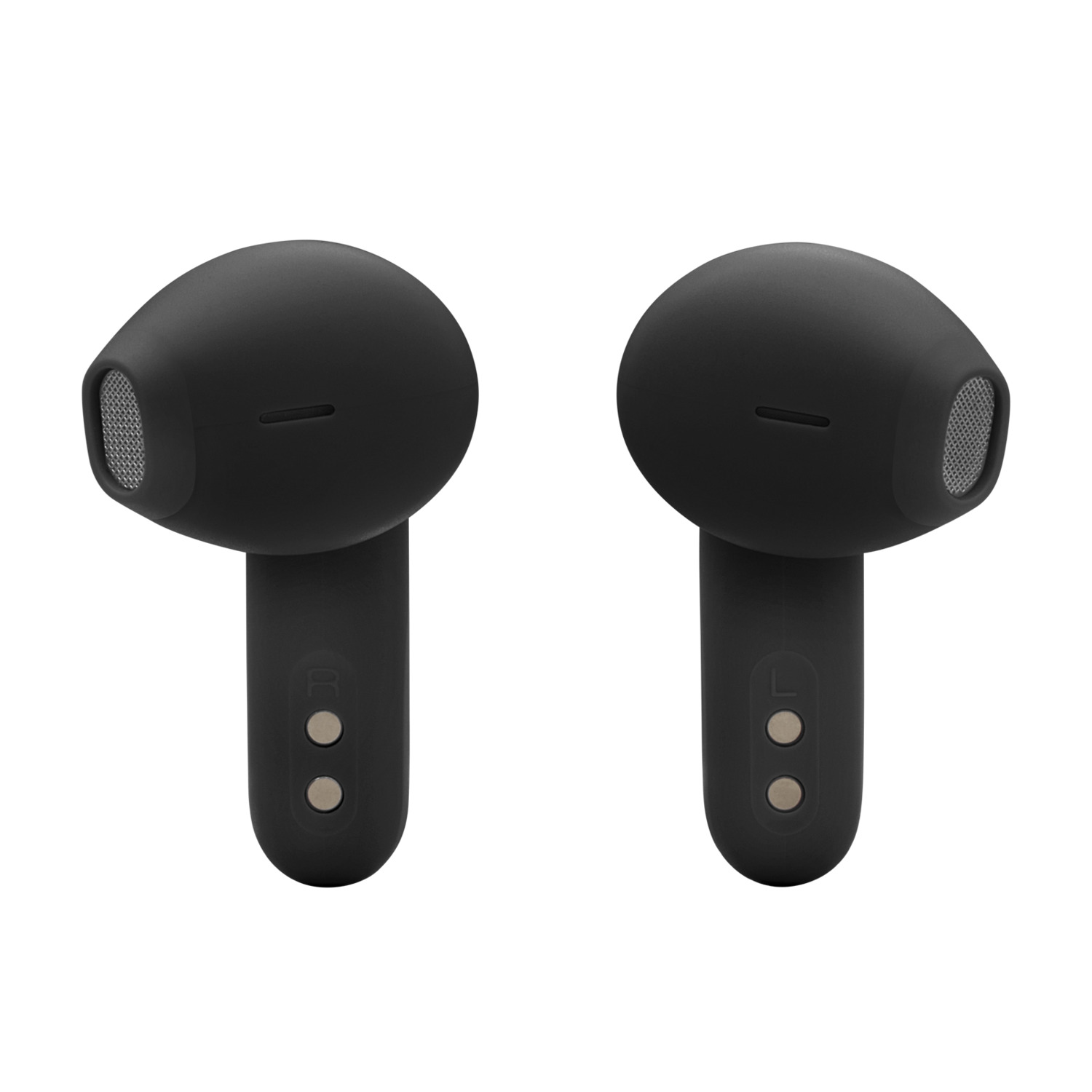 Two black earbuds, each with a microphone.