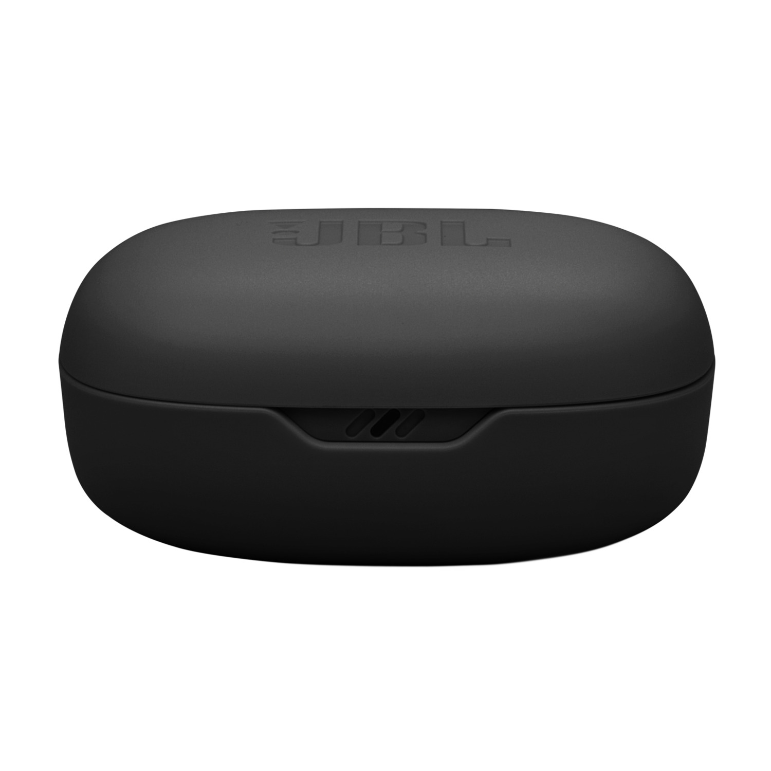 Black JBL earbuds case. Oval shape with a lid and three small holes at the bottom of the case.
