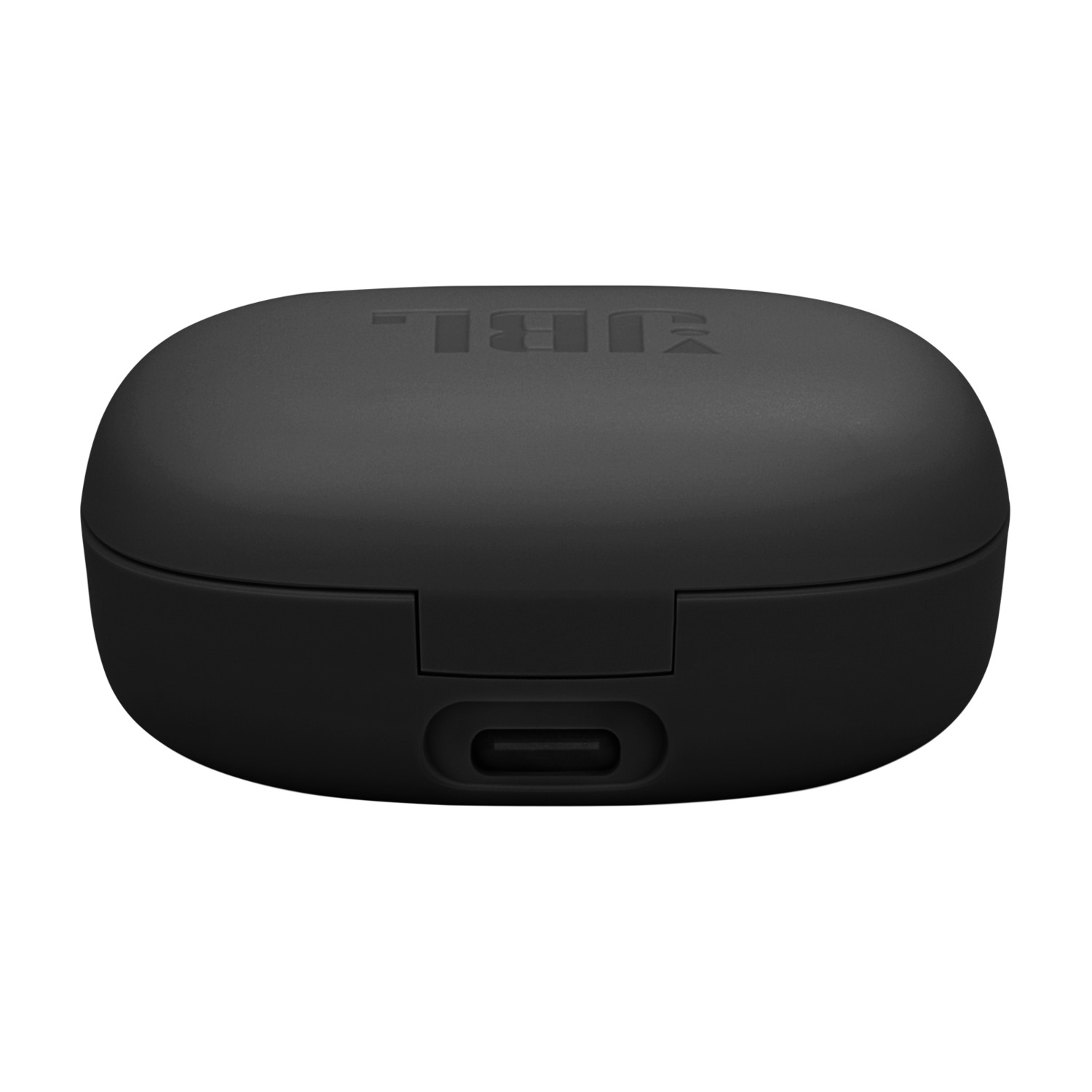 Black JBL earbud charging case, showing the charging port on the bottom.