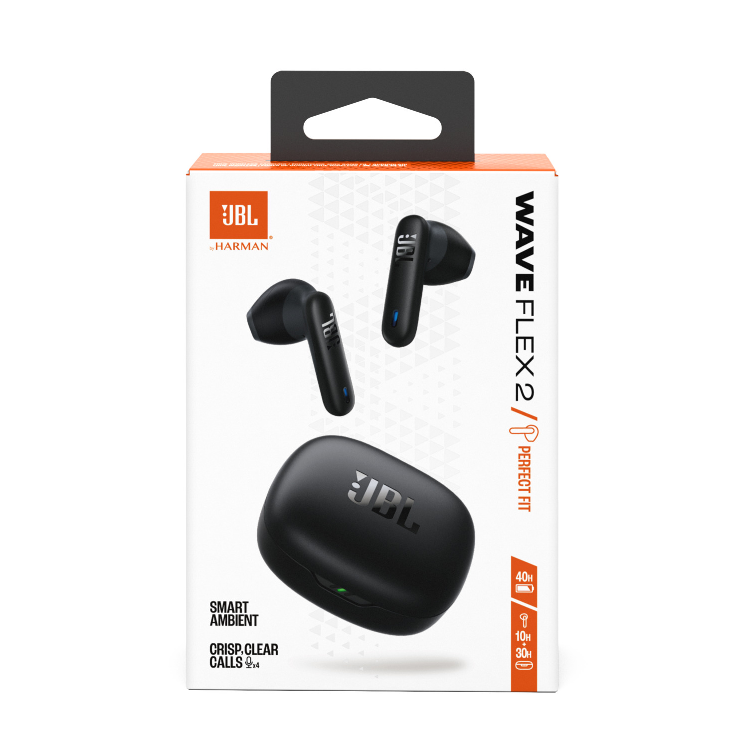 A JBL earbud box with a black case and black earbuds. The box is white and orange.