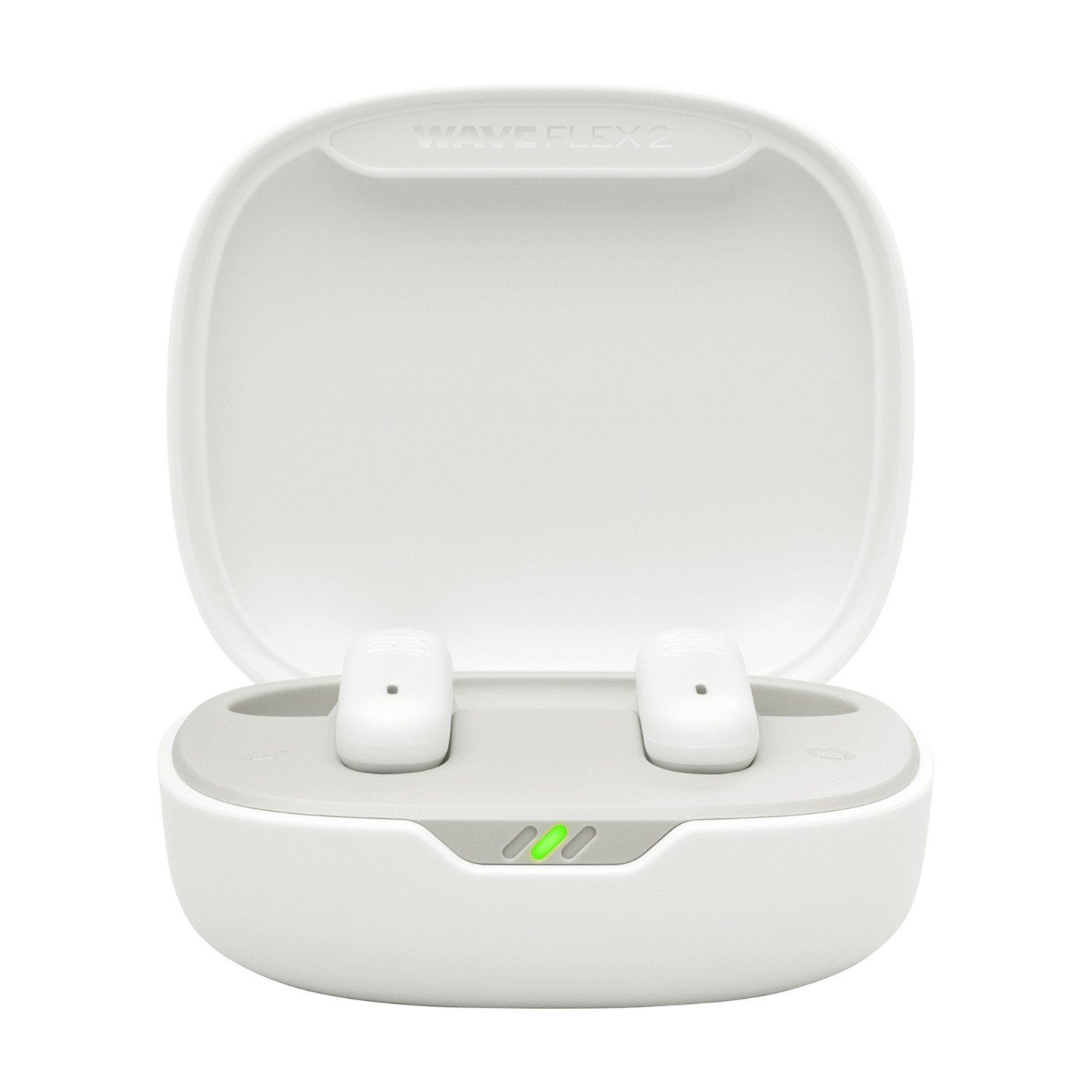 White JBL Wave Flex 2 earbuds. The earbuds are in their white charging case. Green lights.