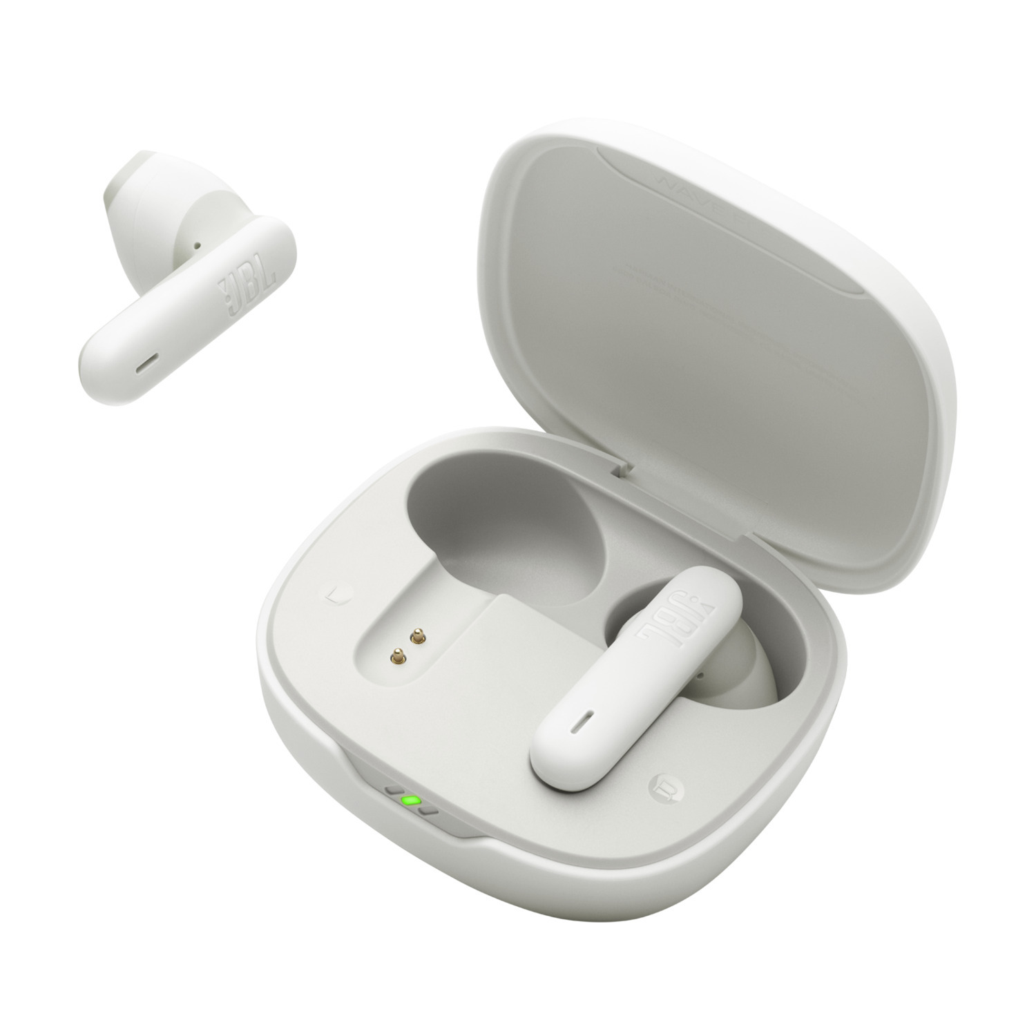 White JBL earbuds and case. One earbud is separate.