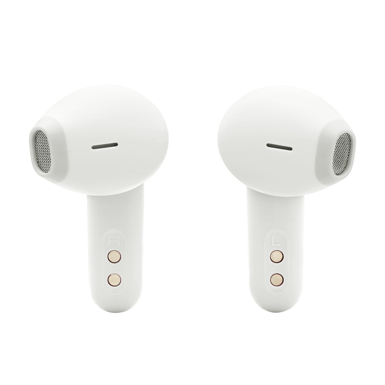 Two white earbuds on a white background. Each has a microphone hole and a button.