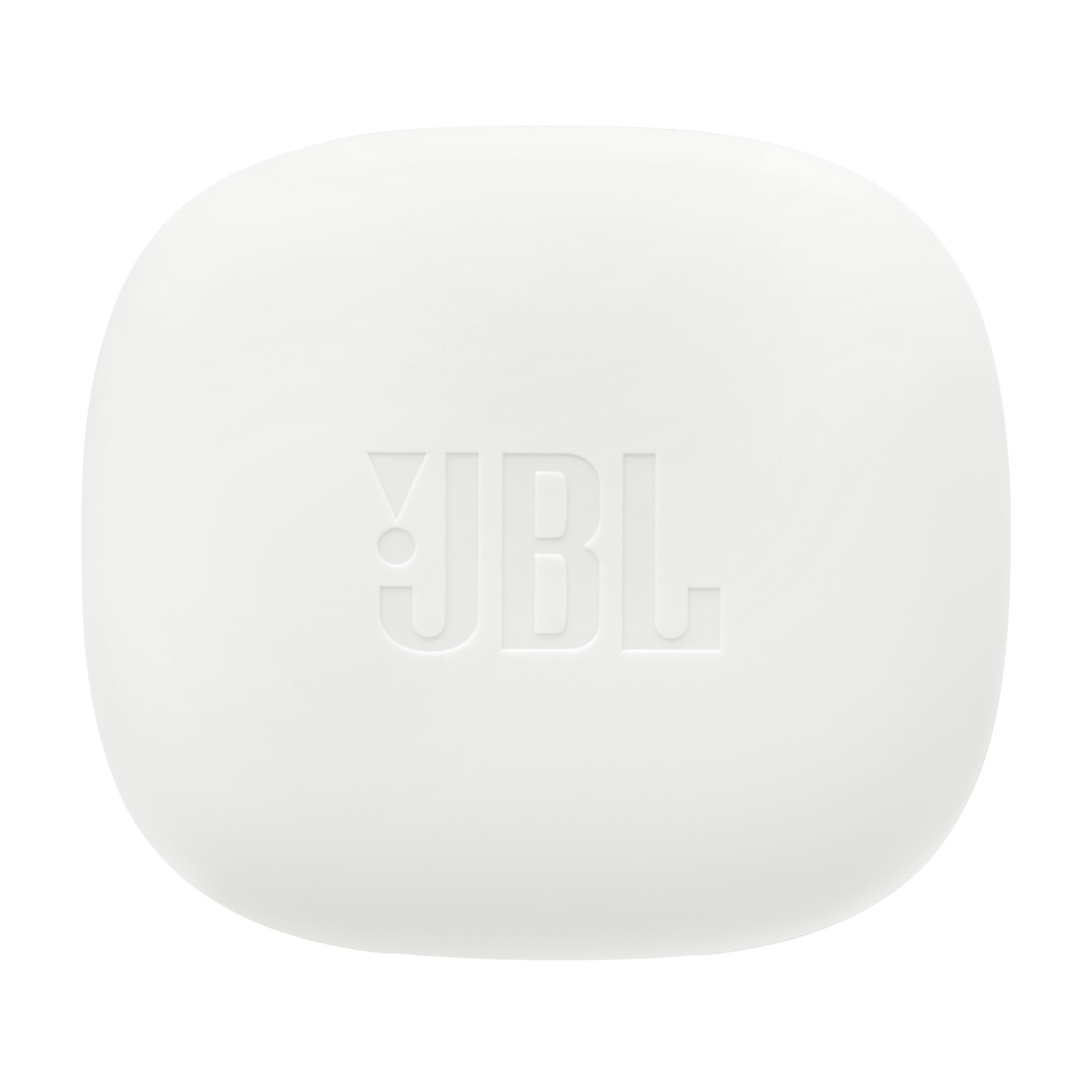 White JBL charging case with the JBL logo in the center.