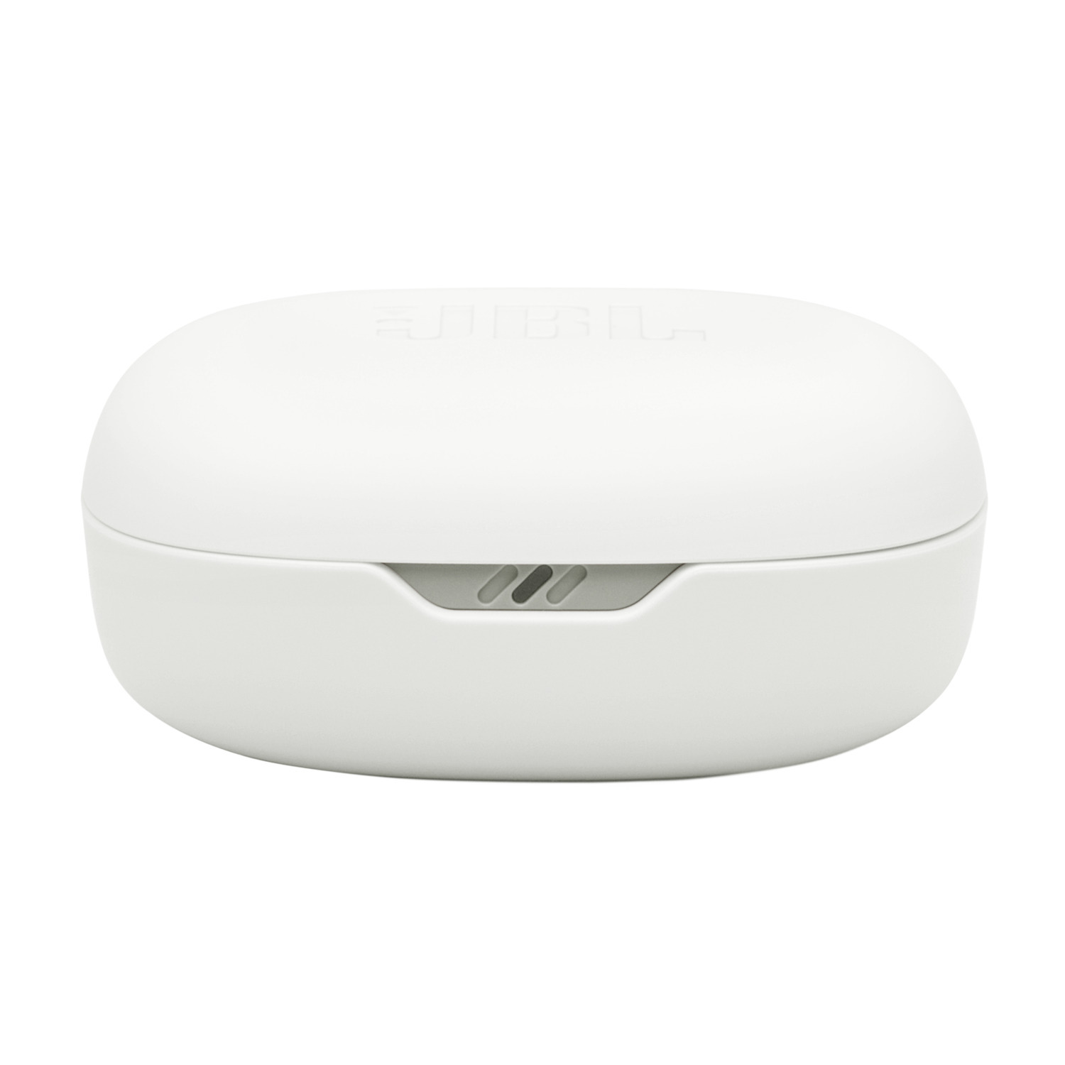 White JBL earbuds case. The case is oval shaped.