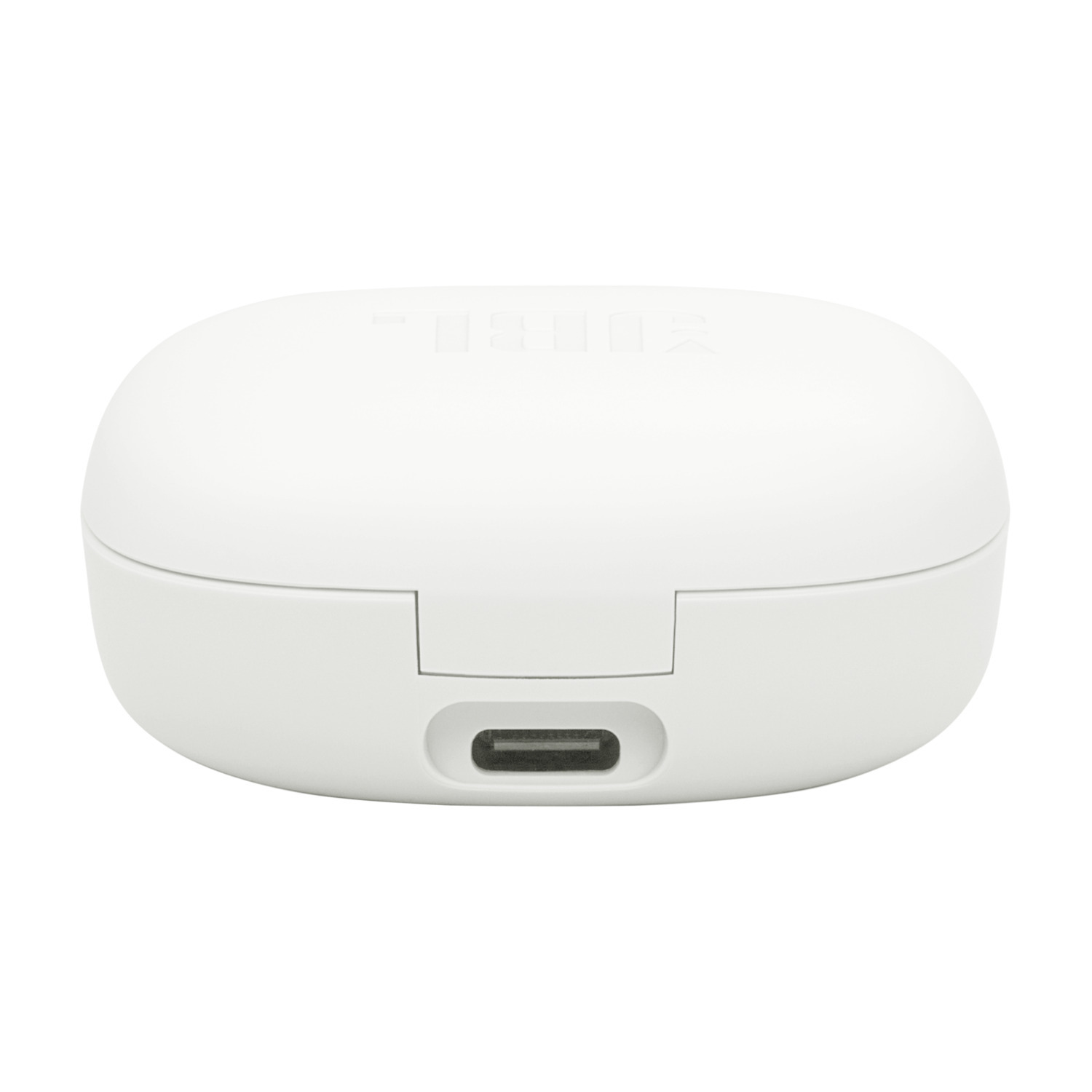 White charging case with a USB-C port at the bottom, for earbuds.