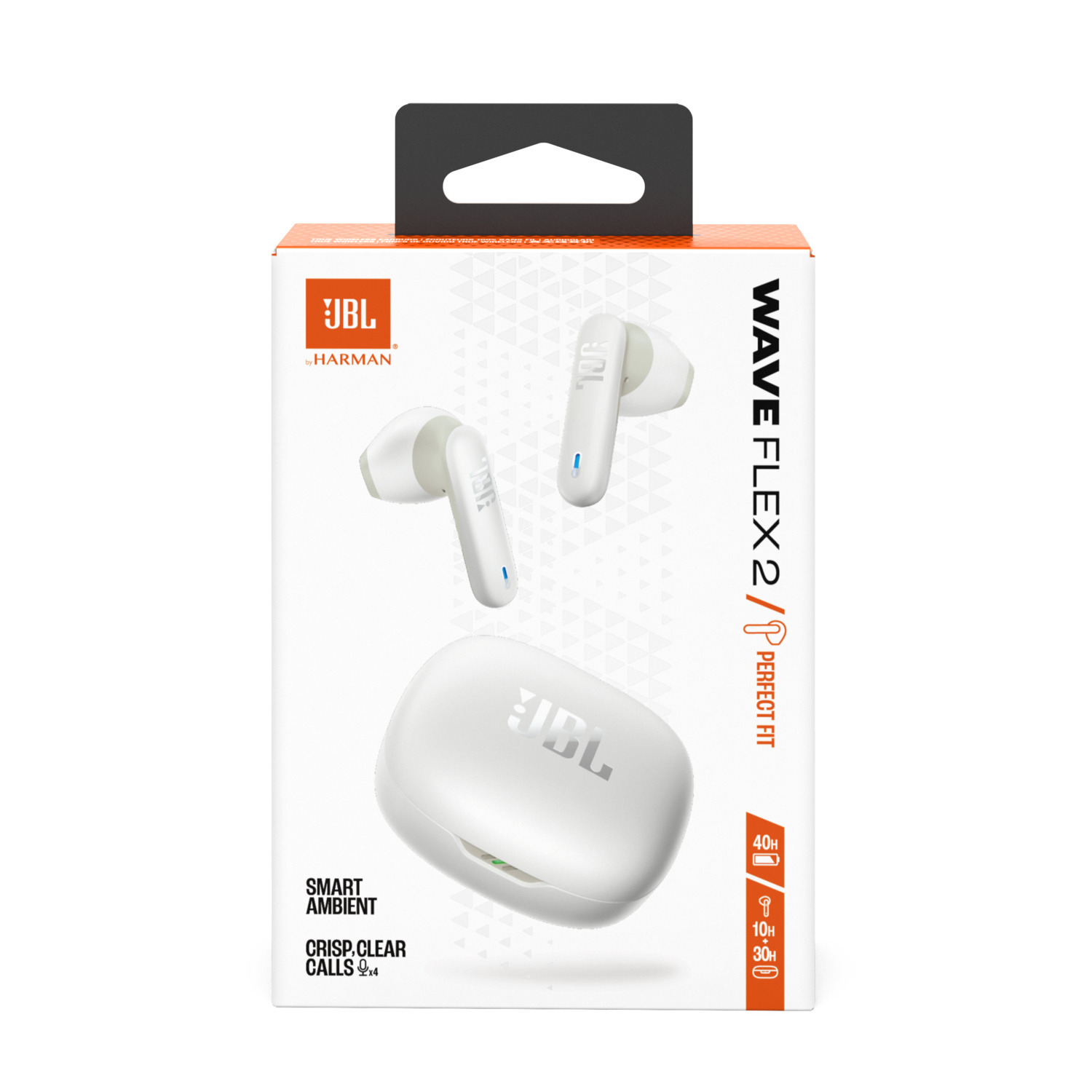 White JBL Wave Flex 2 earbuds packaging. Image shows earbuds and case.