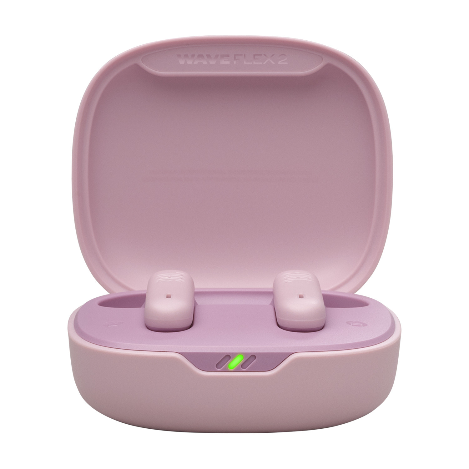 Pink JBL Wave Flex 2 earbuds case. Case is open with earbuds inside.