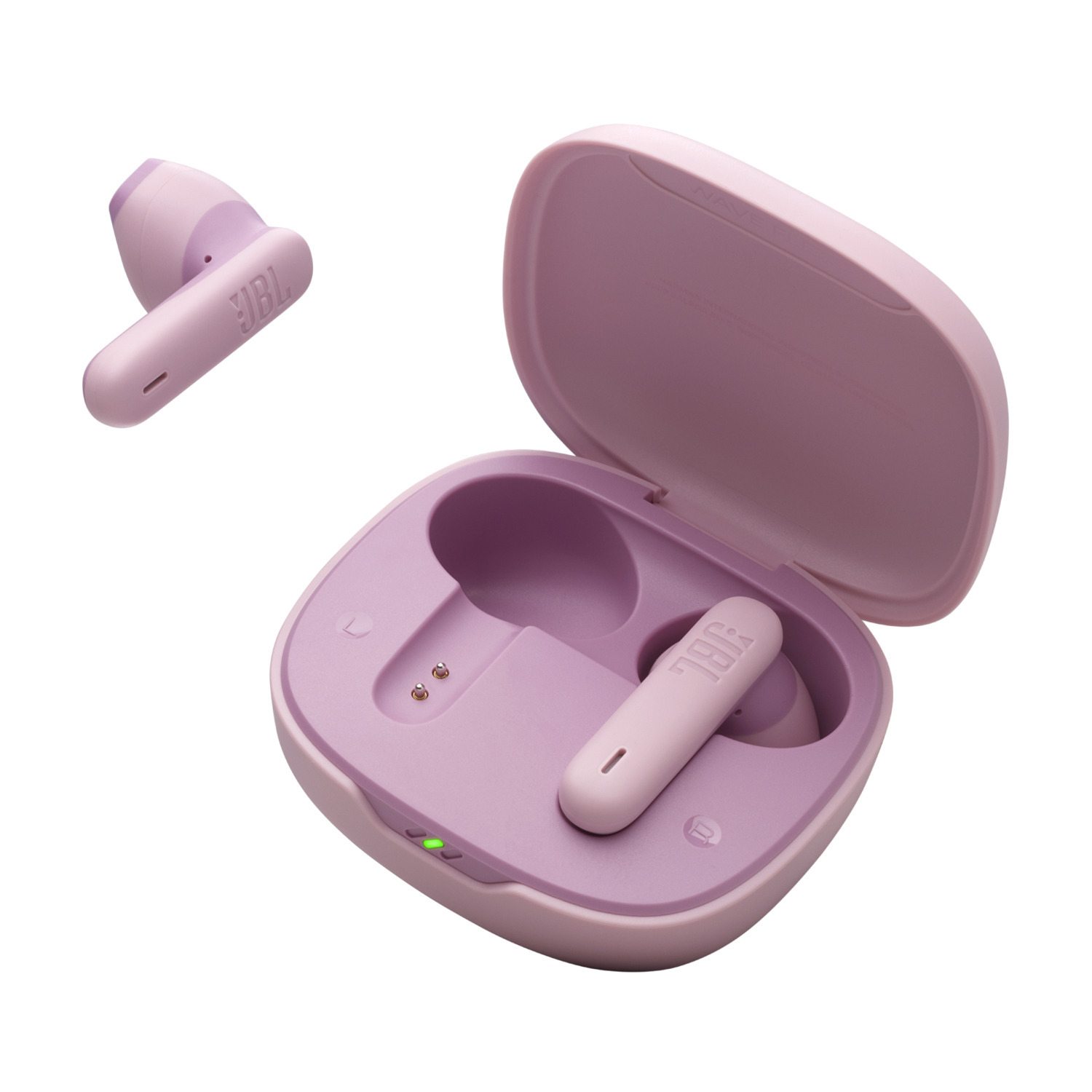 Pink wireless earbuds and charging case. White background. JBL logo on case and earbuds.