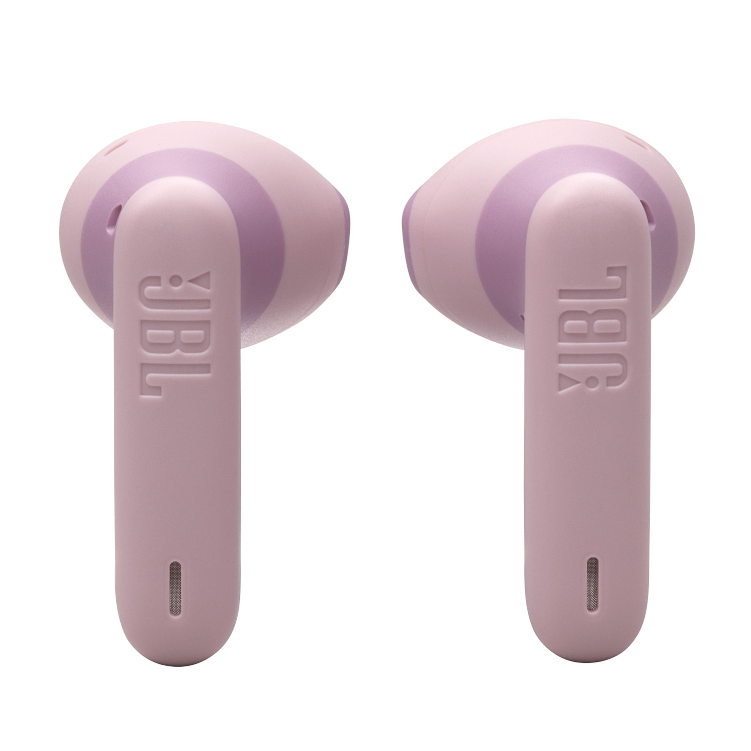 Pair of pink JBL earbuds. Each bud has the JBL logo and a microphone opening.