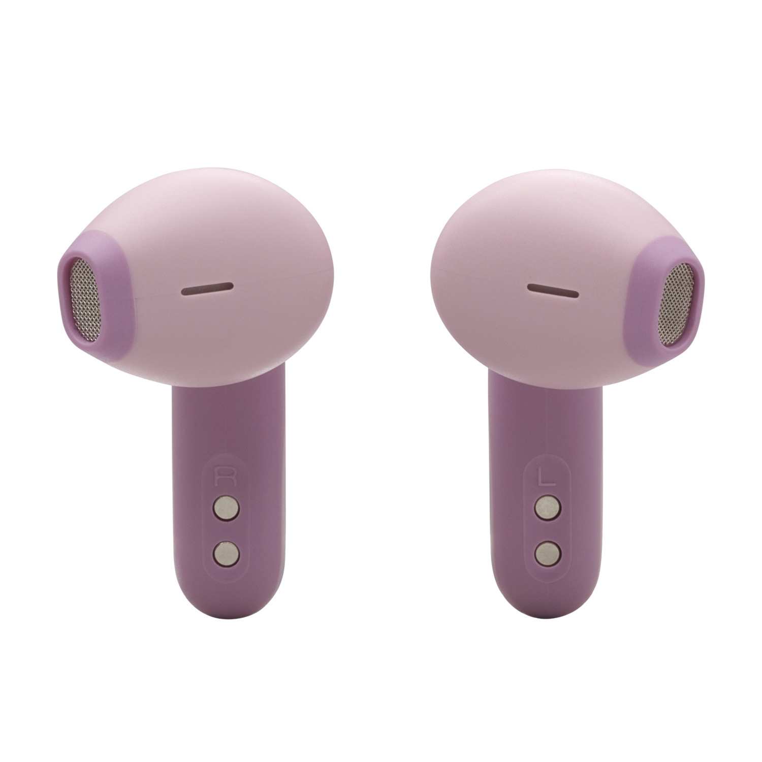 Two pink and purple JBL earbuds. Earbuds are on a white background.