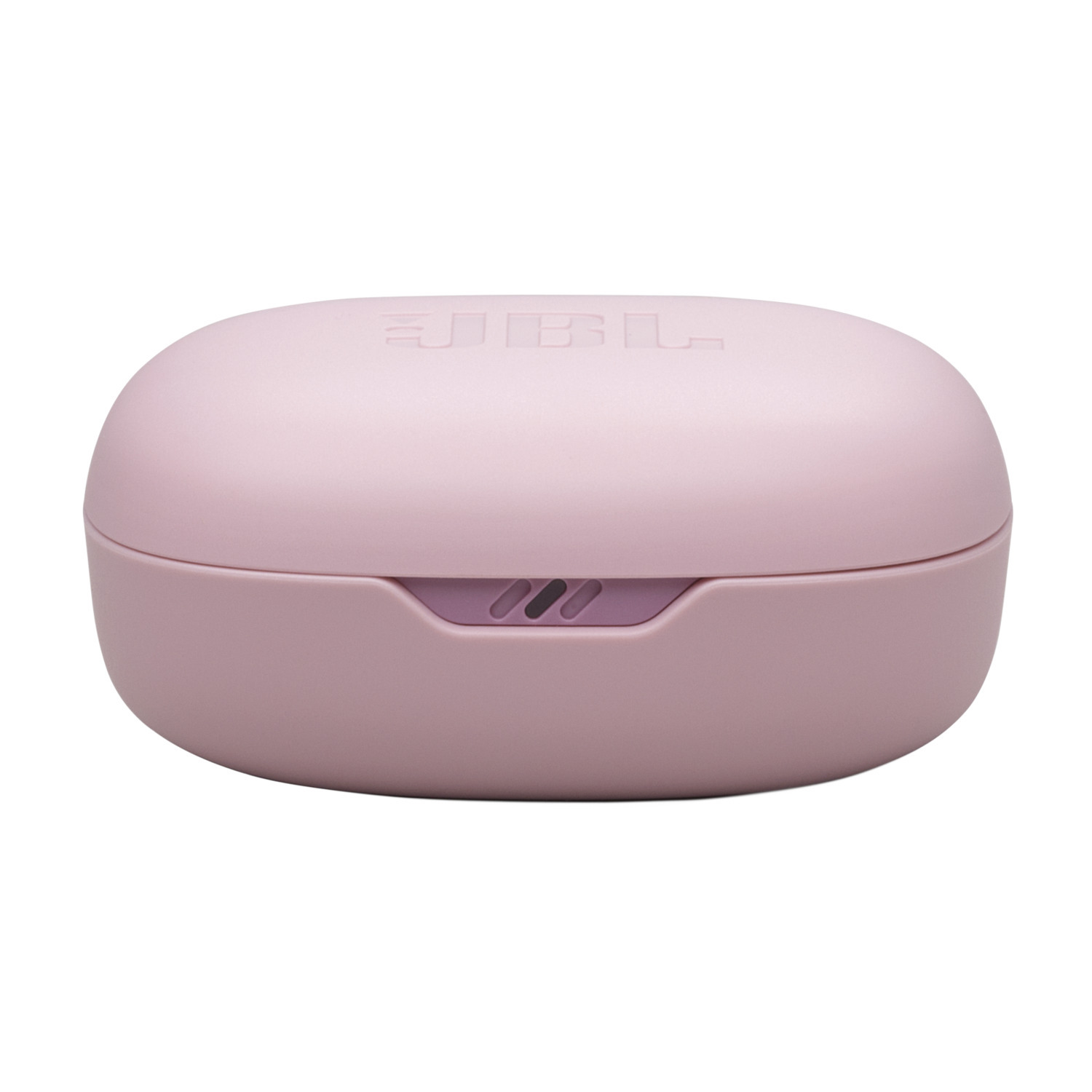 Pink JBL earbuds case, closed, with a small opening.