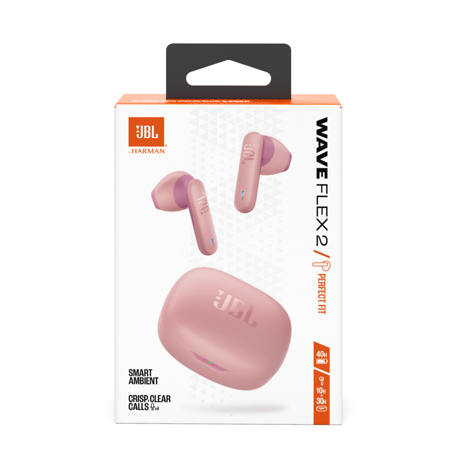 Pink JBL earbuds and charging case are shown in a box. The text WAVE FLEX 2 is visible.