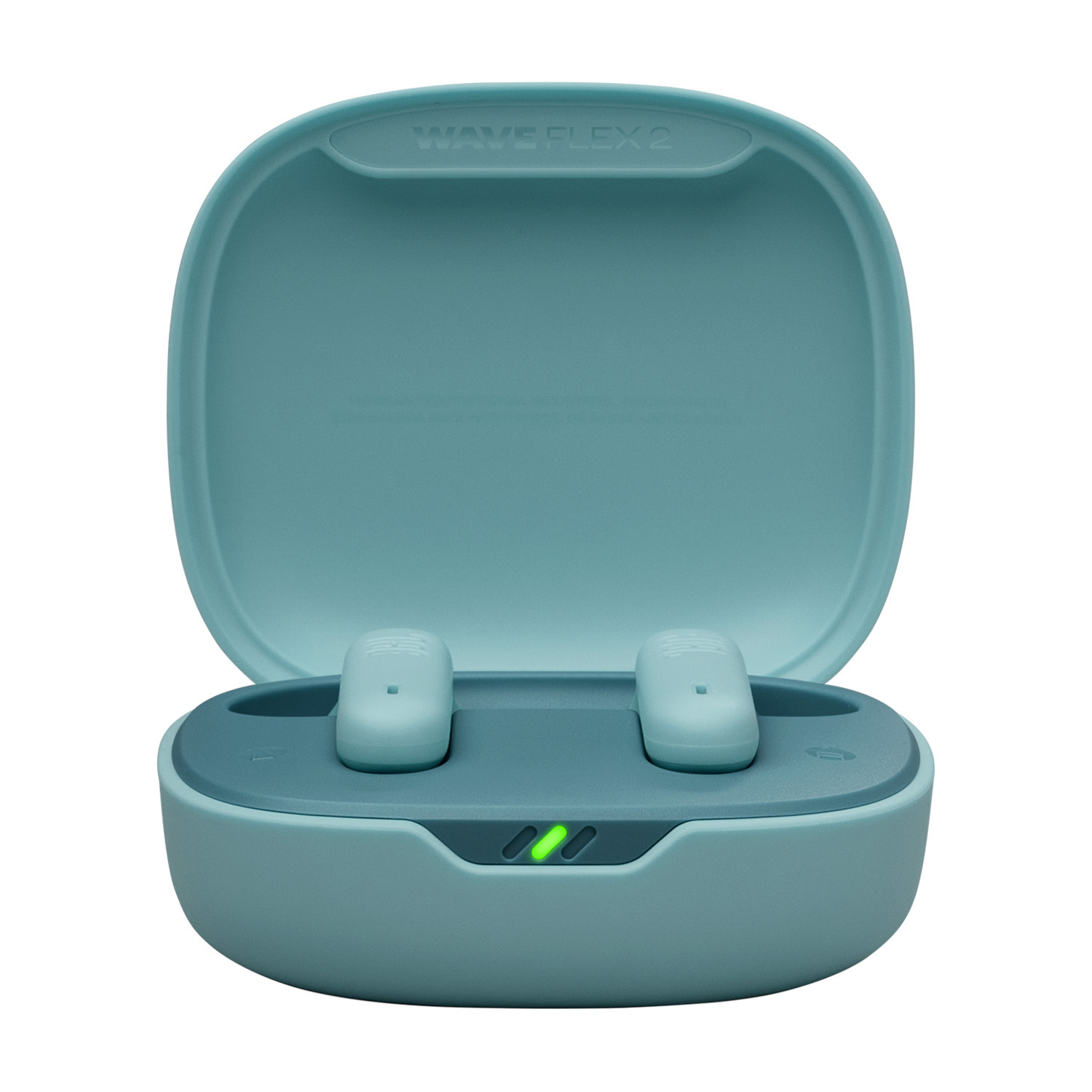 Teal-colored earbuds in a charging case with a green light.