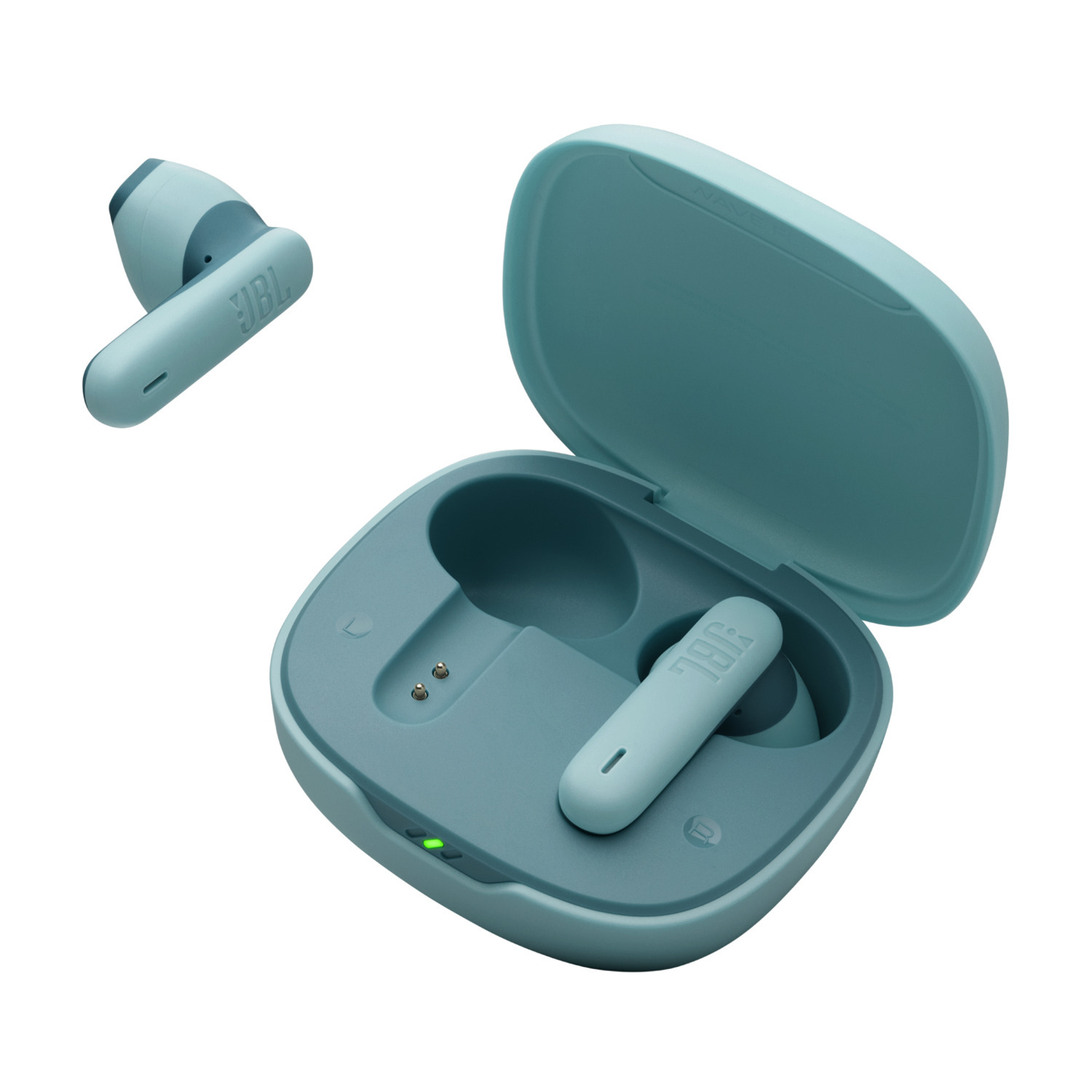 Teal earbuds and charging case. The case is open, and the earbuds are visible.