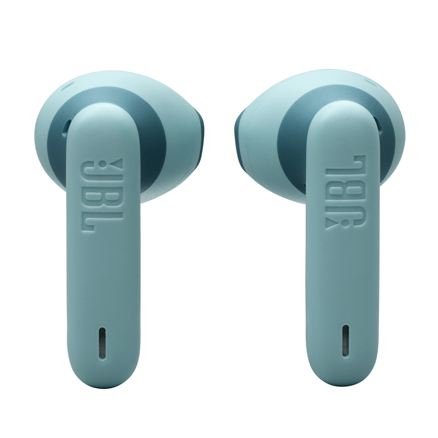 Two teal JBL wireless earbuds, close-up. The 'JBL' logo is on each earbud's stem.