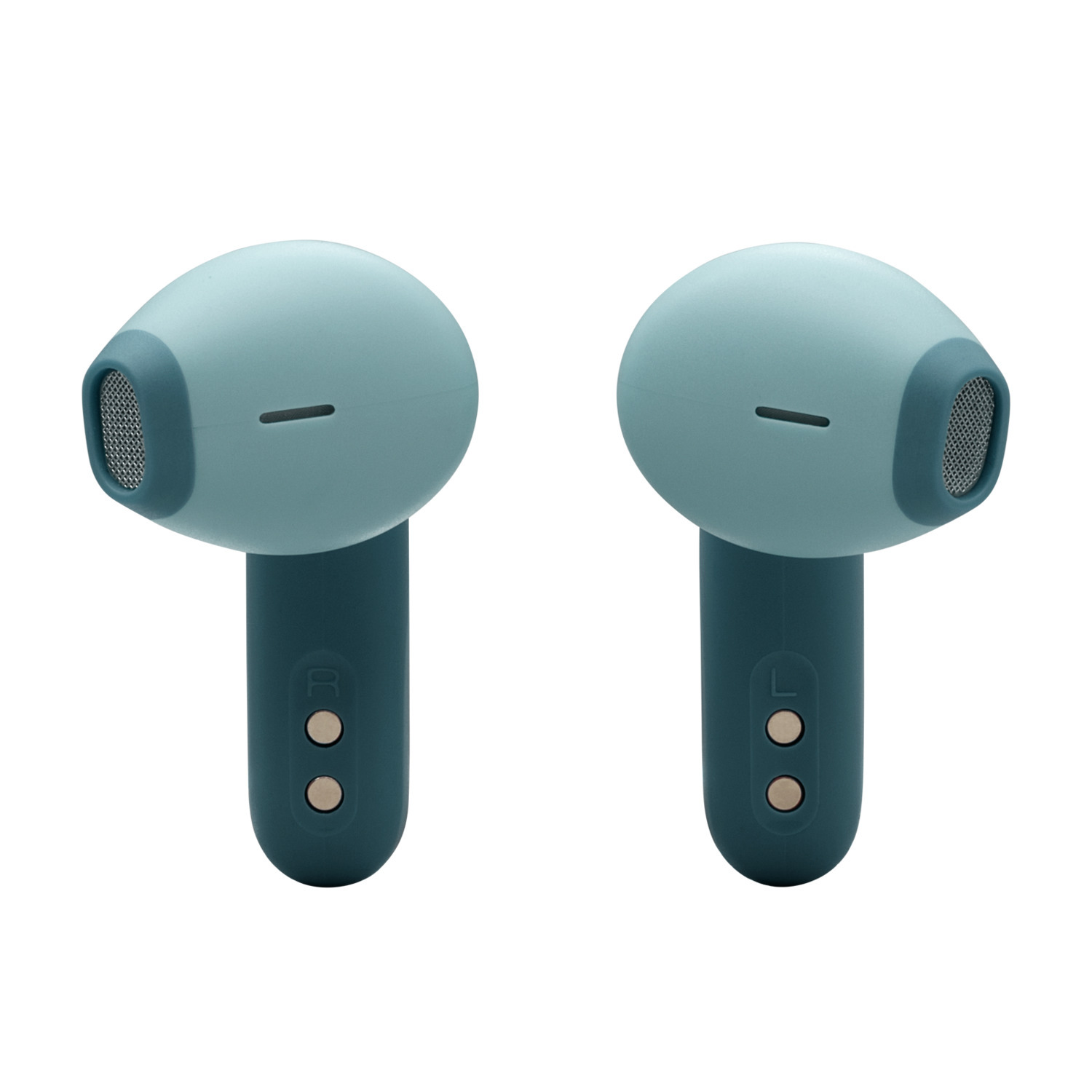 Two blue and green earbuds.
