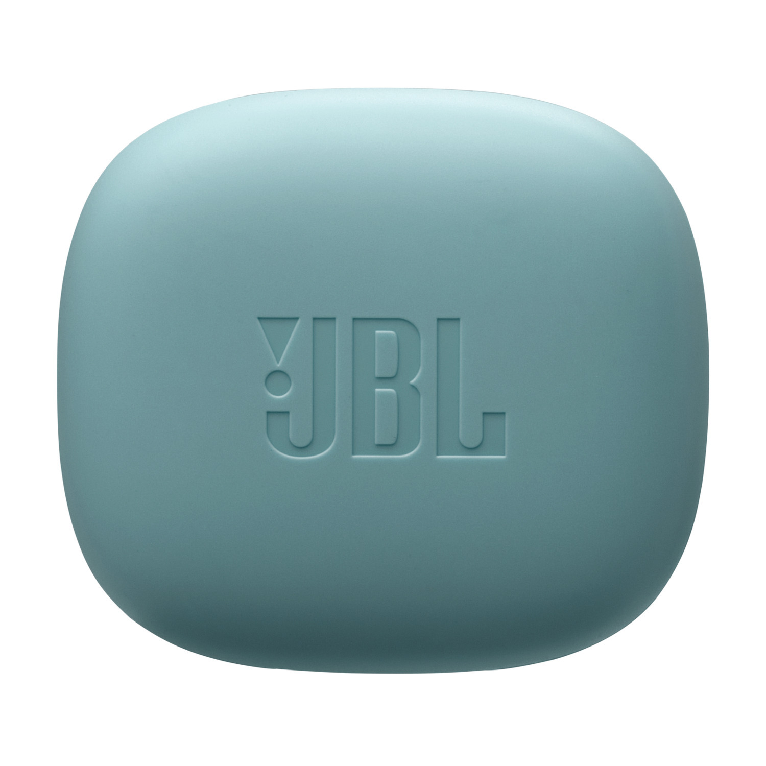 Blue, rounded square earbud case with 'JBL'.
