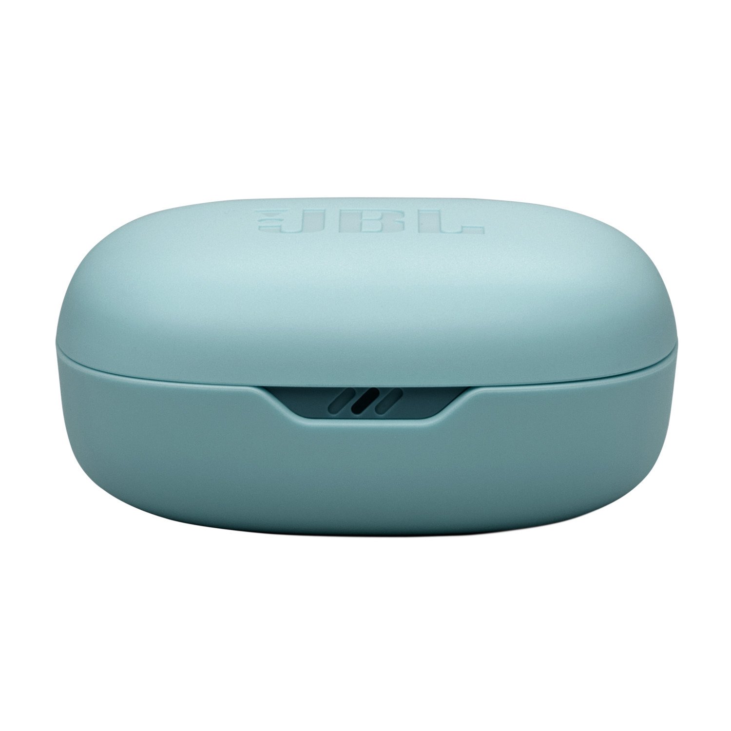 A light blue JBL earbuds case, closed, on a white background.