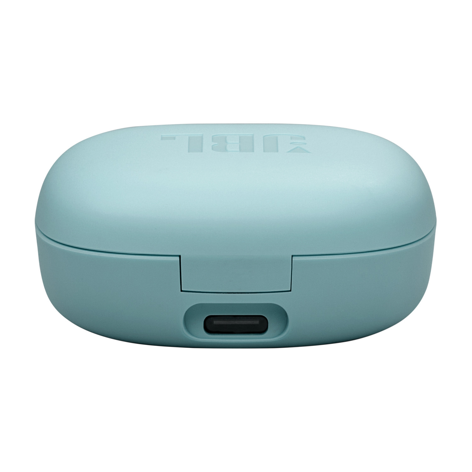 Closed, teal-colored JBL case with the JBL logo.